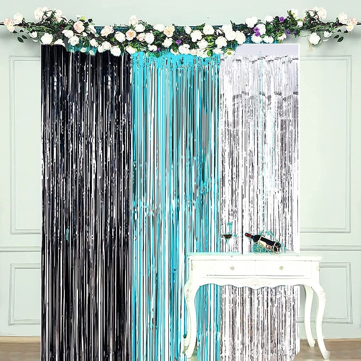 2025 Graduation Party Decorations - Turquoise, Black & Silver Foil Fringe Curtains | Photo Backdrop for Graduation Ceremony & Women's Birthday Celebration | Perfect for Graduation Photos, Party Decor & Event Backgrounds