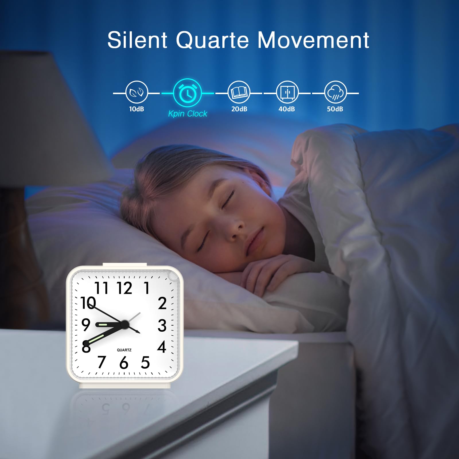 ORIA Silent Alarm Clock with Large Luminous Display - Battery Operated Bedside Clock with Snooze & Night Light - Gentle Wake-Up for Elderly & Light Sleepers (1AA Battery Not Included, Beige) - Perfect for Bedrooms, Nightstands & Travel