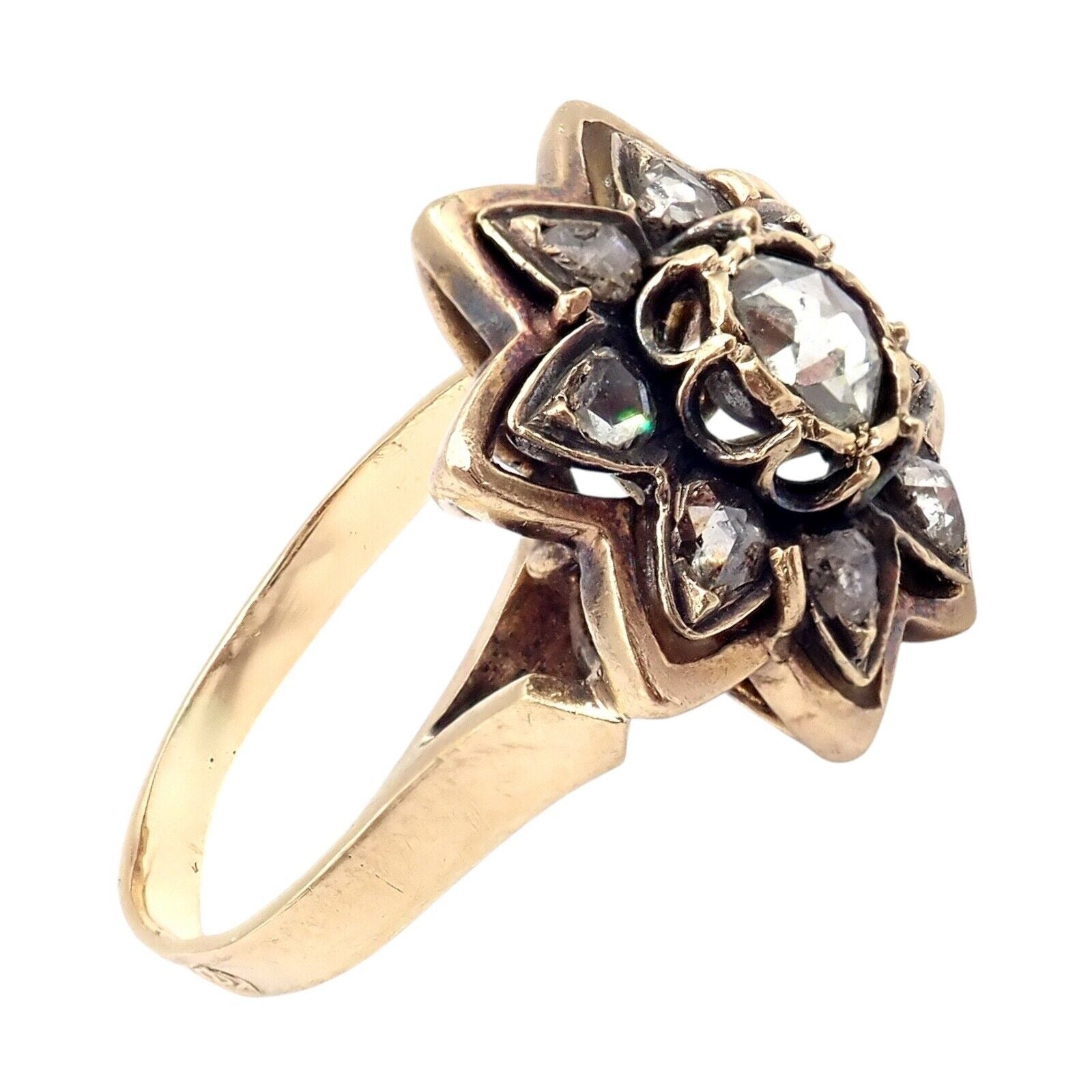 Vintage Karl Faberge 18k Yellow Gold Rose Cut Diamond Flower Ring - Elegant Antique Jewelry for Women, Perfect for Weddings, Anniversaries & Special Occasions