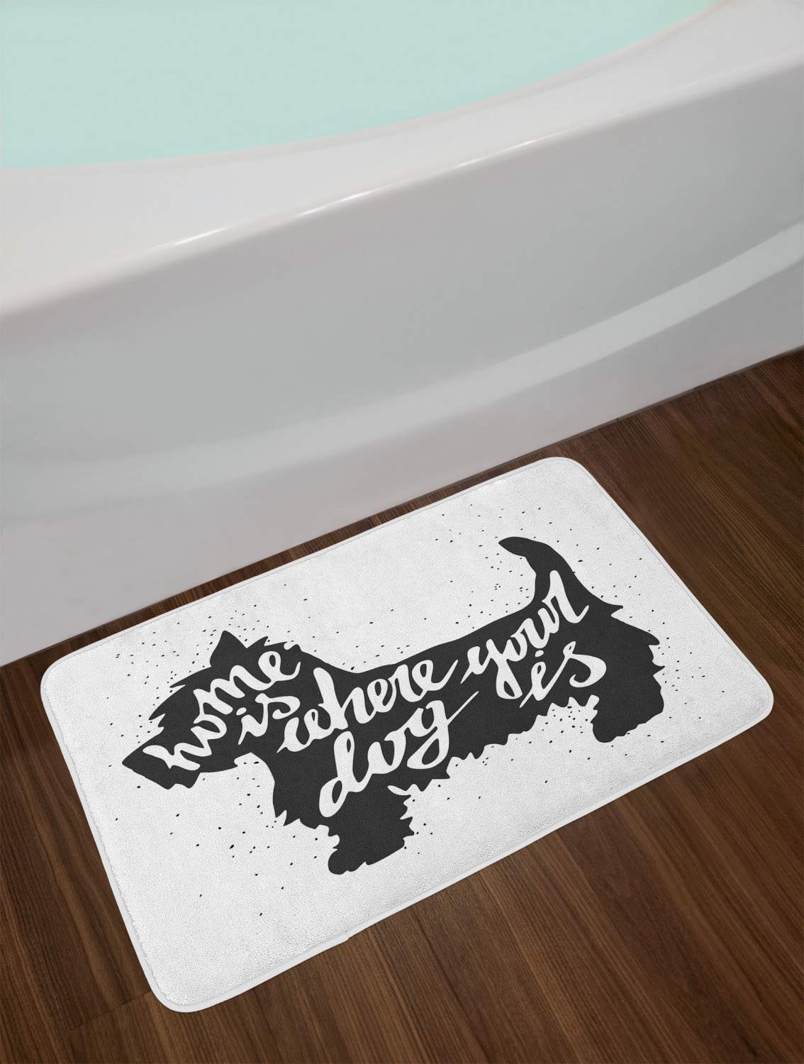Lunarable Westie Dog Bath Mat - Non-Slip Plush Bathroom Rug with Hand-Drawn Cursive Phrase 'Home is Where Your Dog Is' & Puppy Silhouette, 30.2 x 20 Inches, Dark Grey & White - Perfect for Pet Lovers' Bathroom Decor & Cozy Home Style