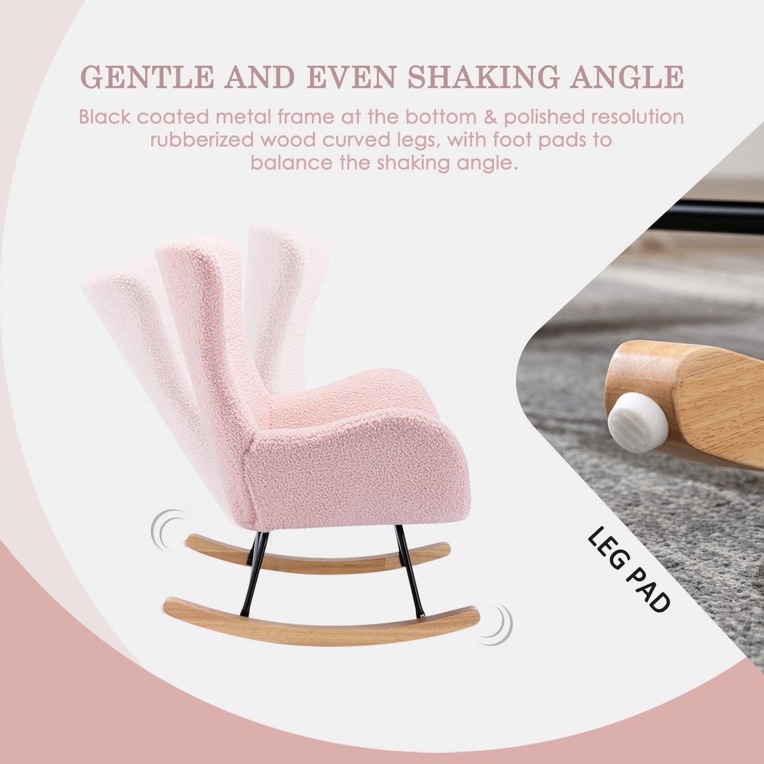 Comfy Upholstered Nursery Glider Rocker Chair with High Backrest & Armrests - Pink Small Rocking Chair for Living Room, Bedroom, Nursery & Baby Shower Gifts