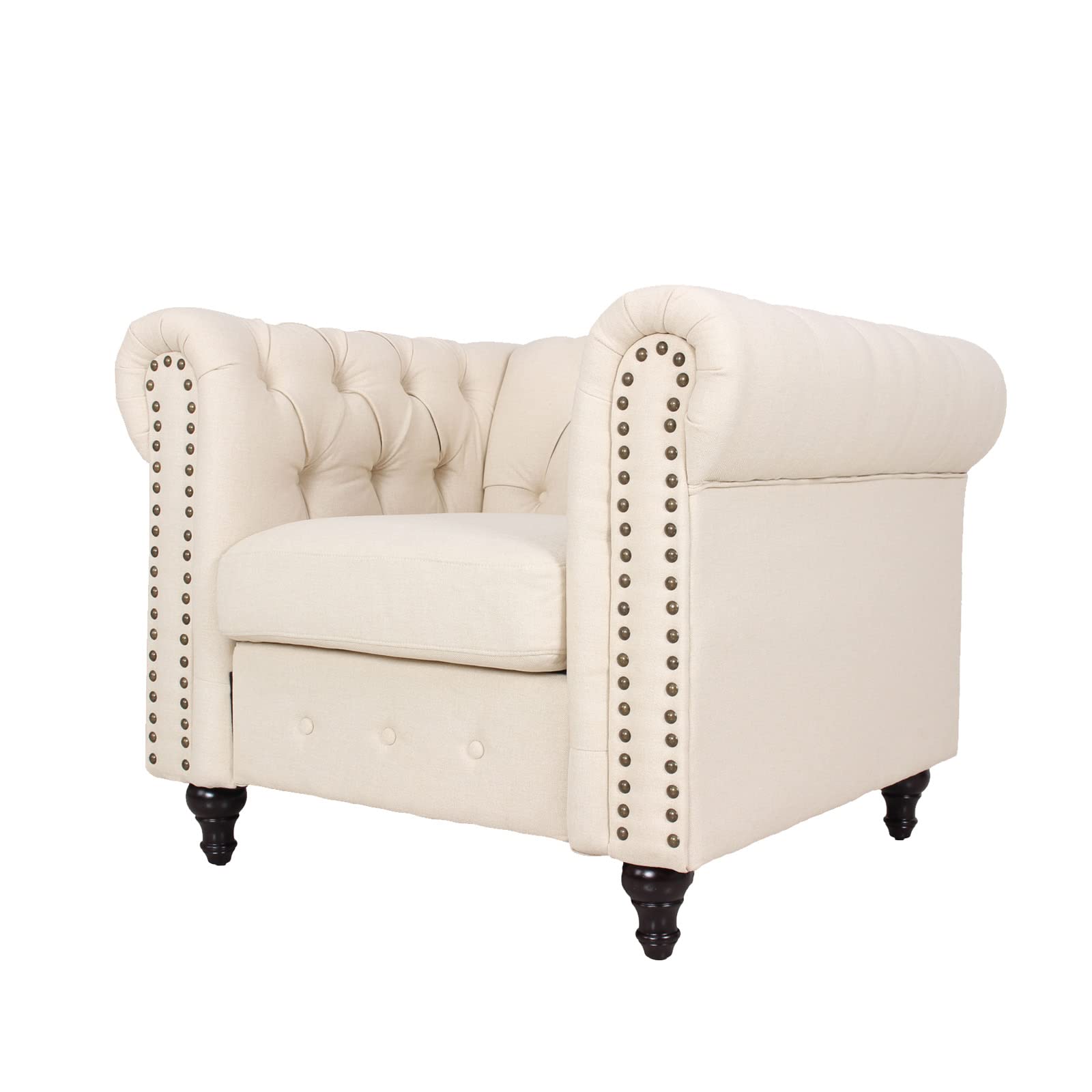 INSTORY Velvet Armchair - Traditional Tufted Sofa Chair with Brass Rivets & Solid Wood Legs, Cream Upholstered Living Room Accent Chair for Home Office, Bedroom or Lounge
