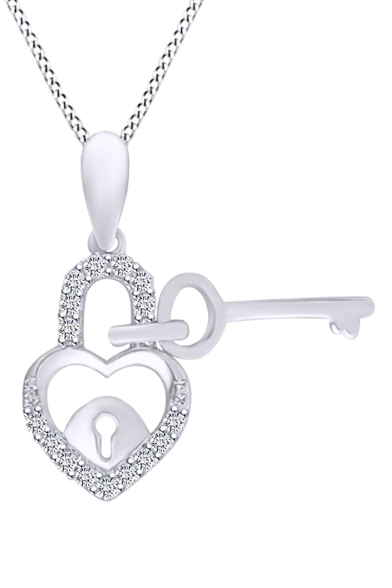 0.1 Carat (CTW) Round White Natural Diamond Heart Lock & Key Pendant Necklace in 925 Sterling Silver - Perfect for Valentine's Day, Anniversary Gifts & Romantic Occasions