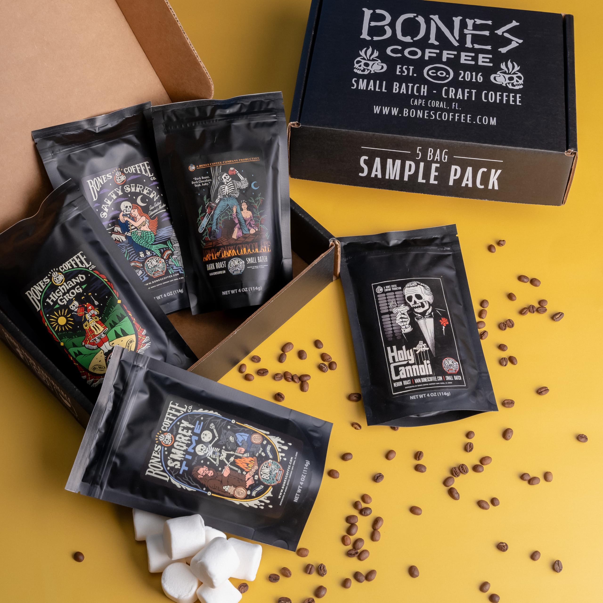 Bones Coffee Company Gourmet Flavored Coffee Sampler - Medium Roast Low Acid Ground Coffee Beans Gift Set (4 oz, Pack of 5) | Perfect for Coffee Lovers, Office Break, Home Brewing & Holiday Gifts