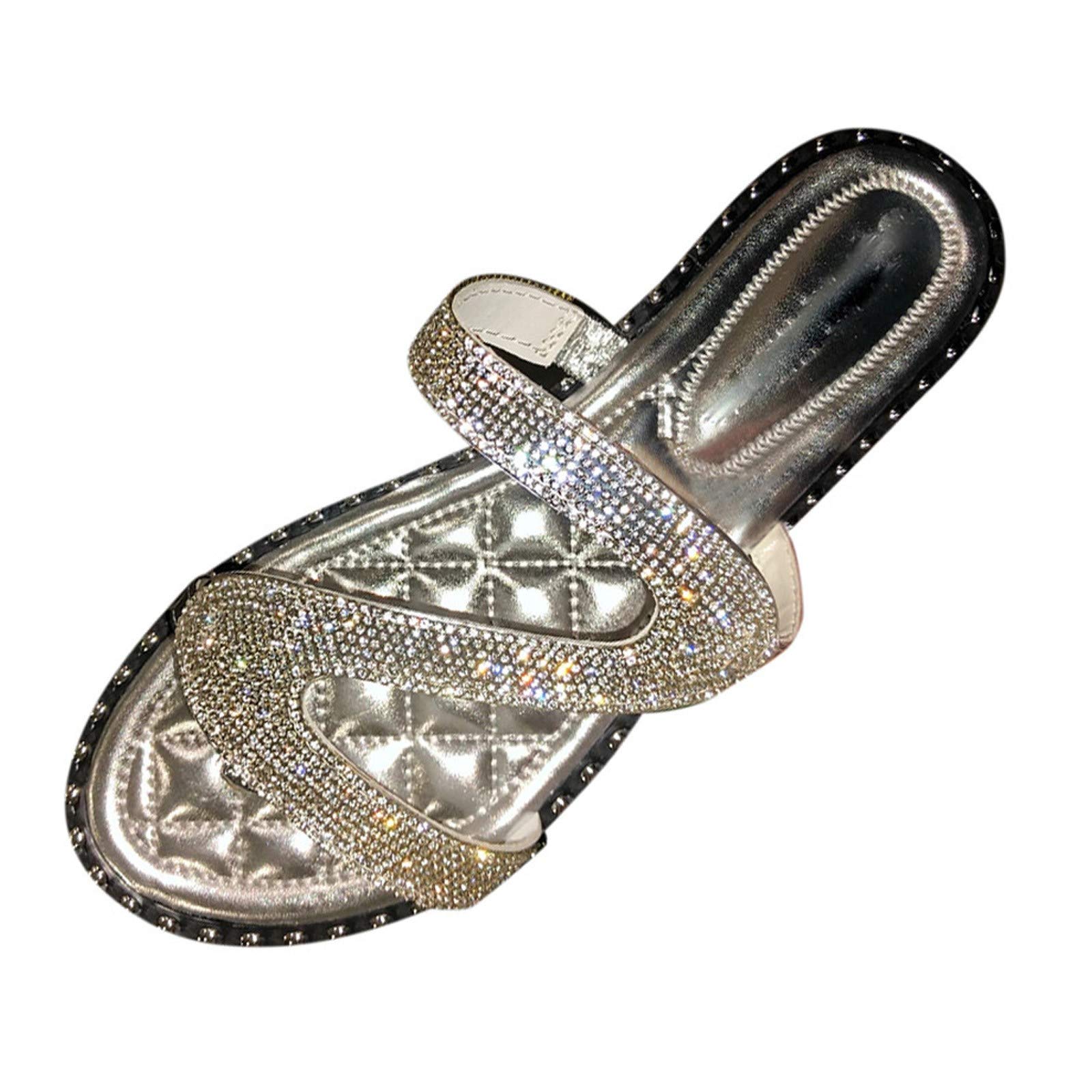 Sparkling Rhinestone Slip-On Sandals for Women | Glitter Flat Wedding Shoes | Boho Summer Slide Sandals with Open Toe | Perfect for Beach Parties, Bridal Showers & Casual Outings