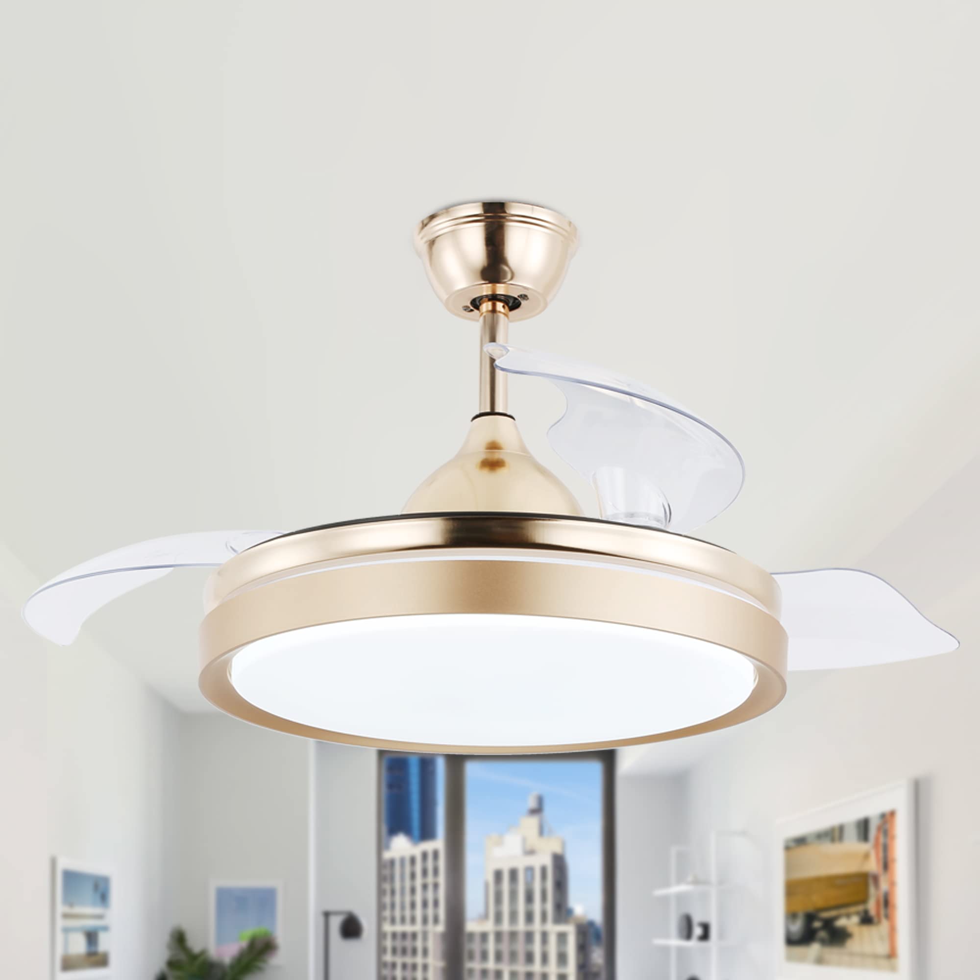 42 Inch Retractable Ceiling Fan with Lights and Remote Control - 3 Speed Settings, 3 Color Changing LED Lights, 4 Timer Modes, Ultra Quiet Motor, Gold Finish - Perfect for Living Room, Bedroom, and Office Spaces