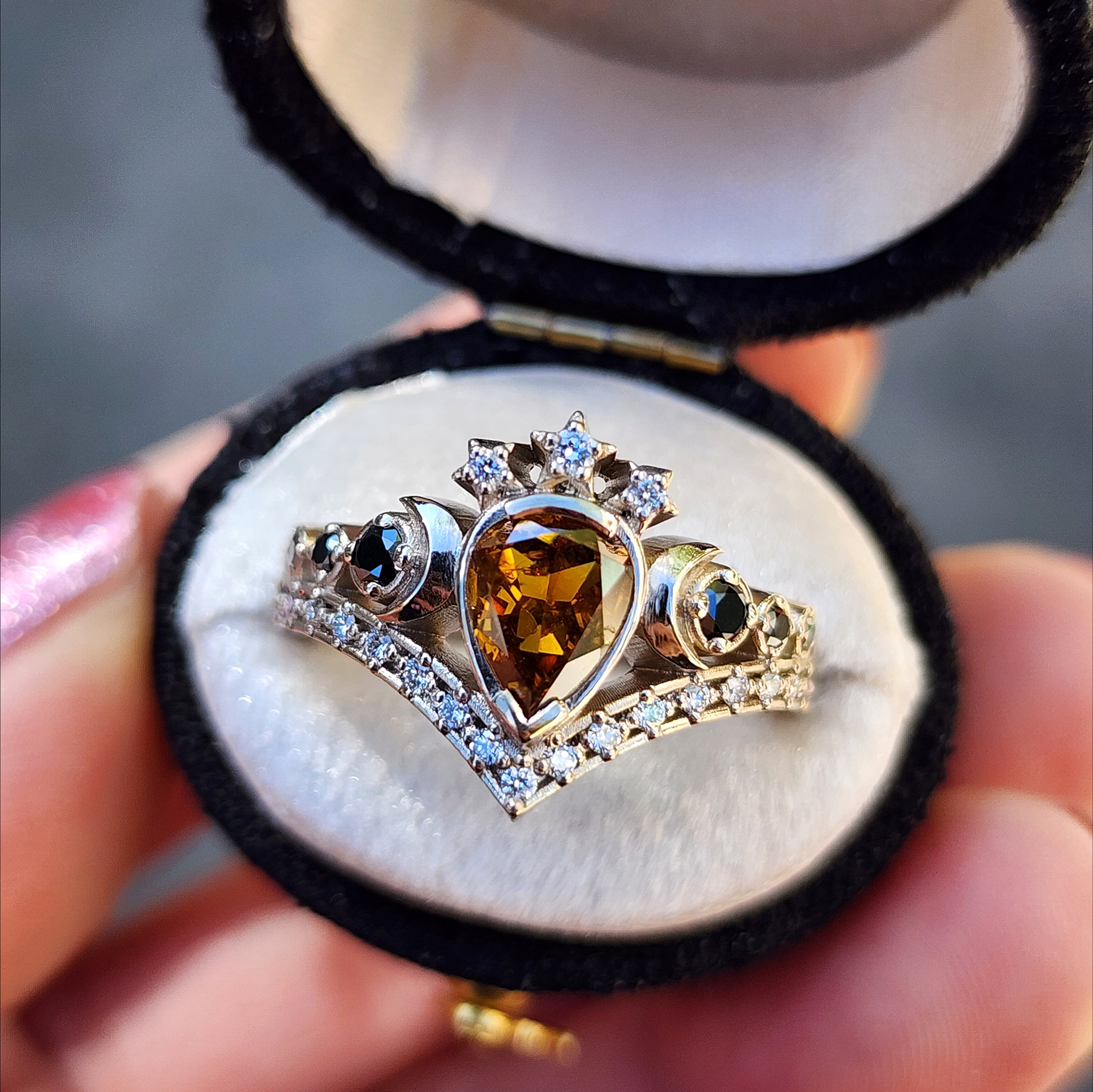 14K Palladium White Gold Pear Champagne Diamond Engagement Ring - Size 6 & 8 - Lunar Priestess Design - Perfect for Proposals, Weddings & Anniversary Gifts - Ready to Ship