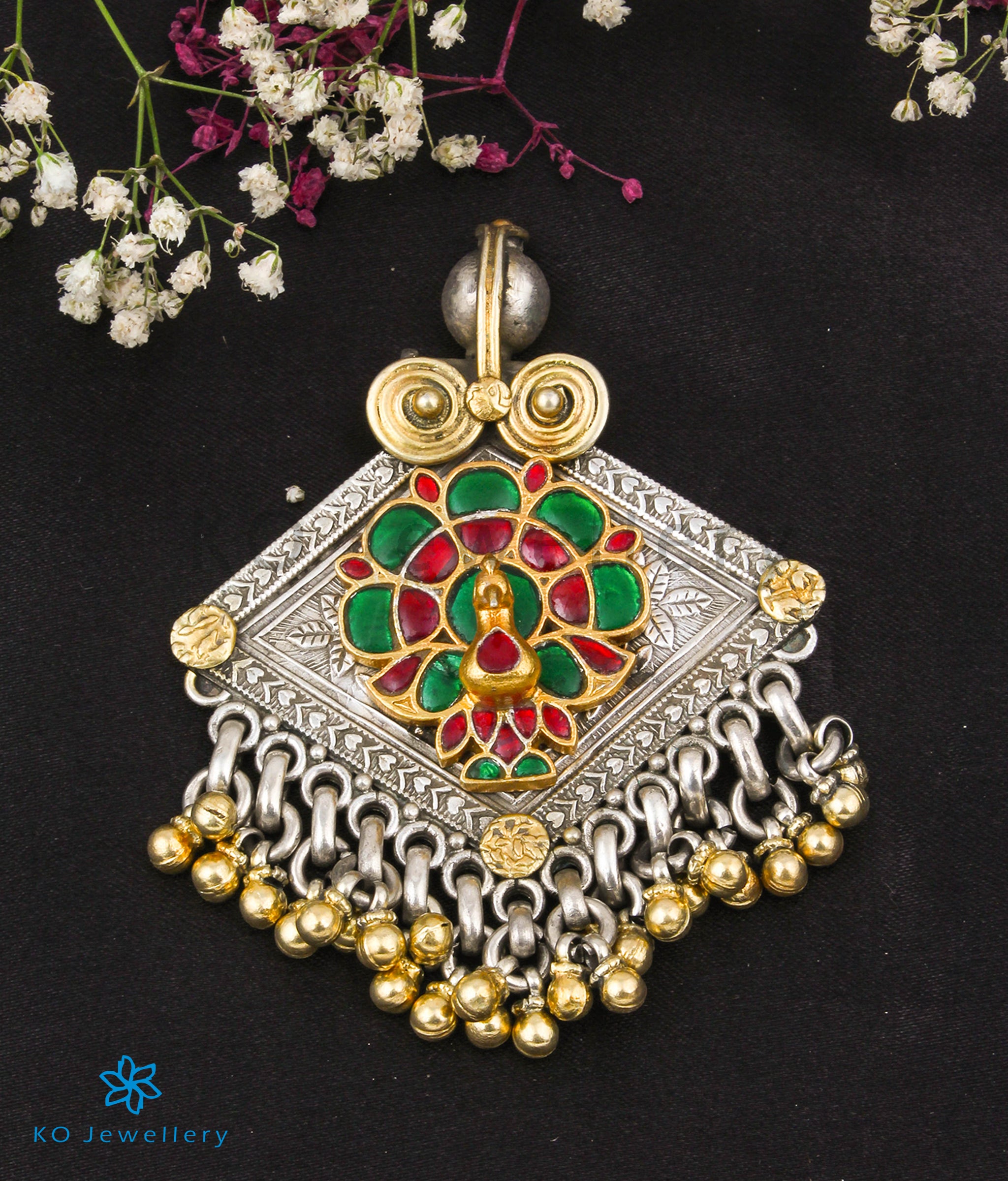 Antique Silver Peacock Kundan Pendant Necklace (2-Tone) - Elegant Indian Jewelry for Weddings, Parties & Special Occasions