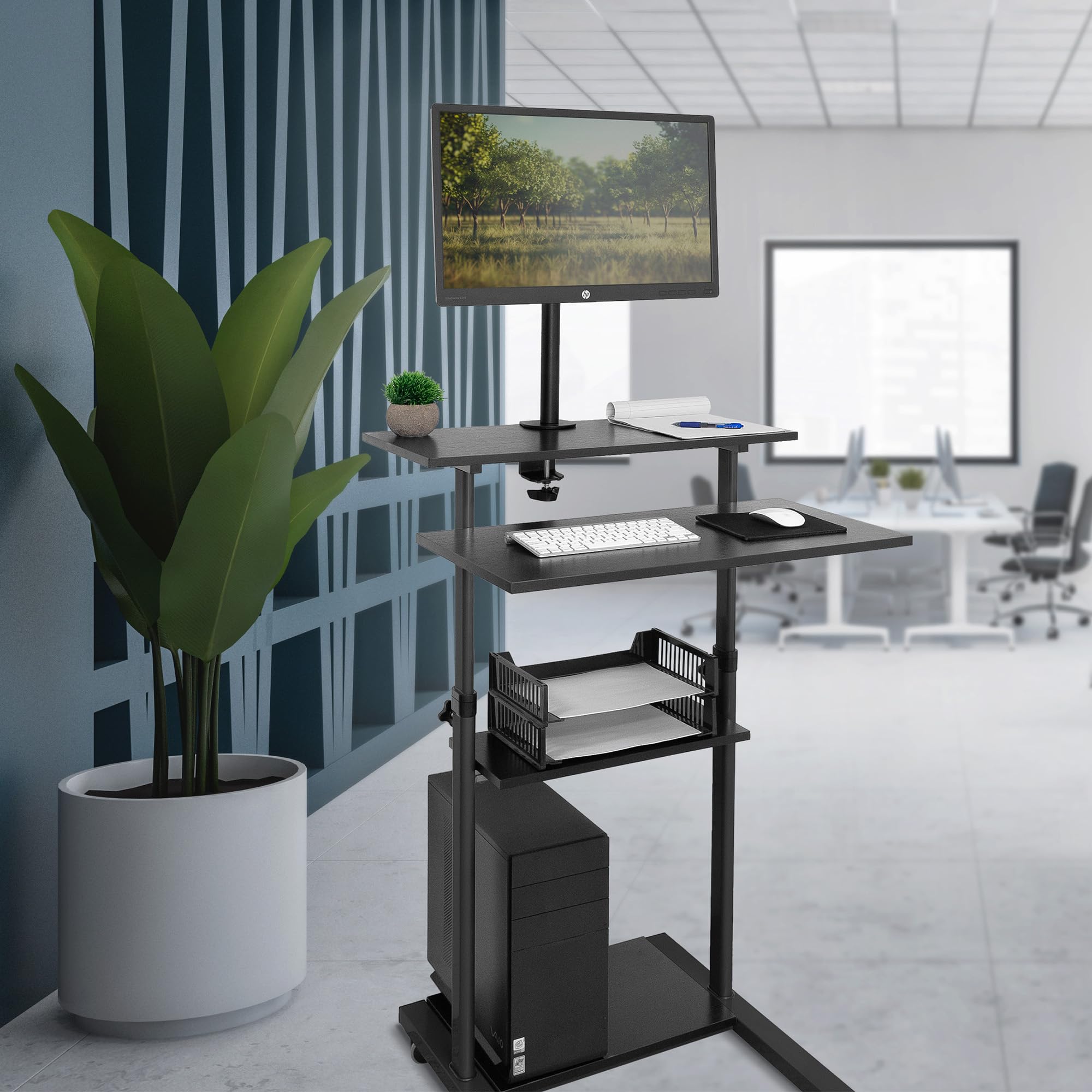 Mount-It MI-7942B Adjustable Mobile Standing Desk - Rolling Workstation with Monitor Arm for Home & Office - Ergonomic Height-Adjustable Computer Cart (Black) | Perfect for Remote Work, Presentations & Small Spaces