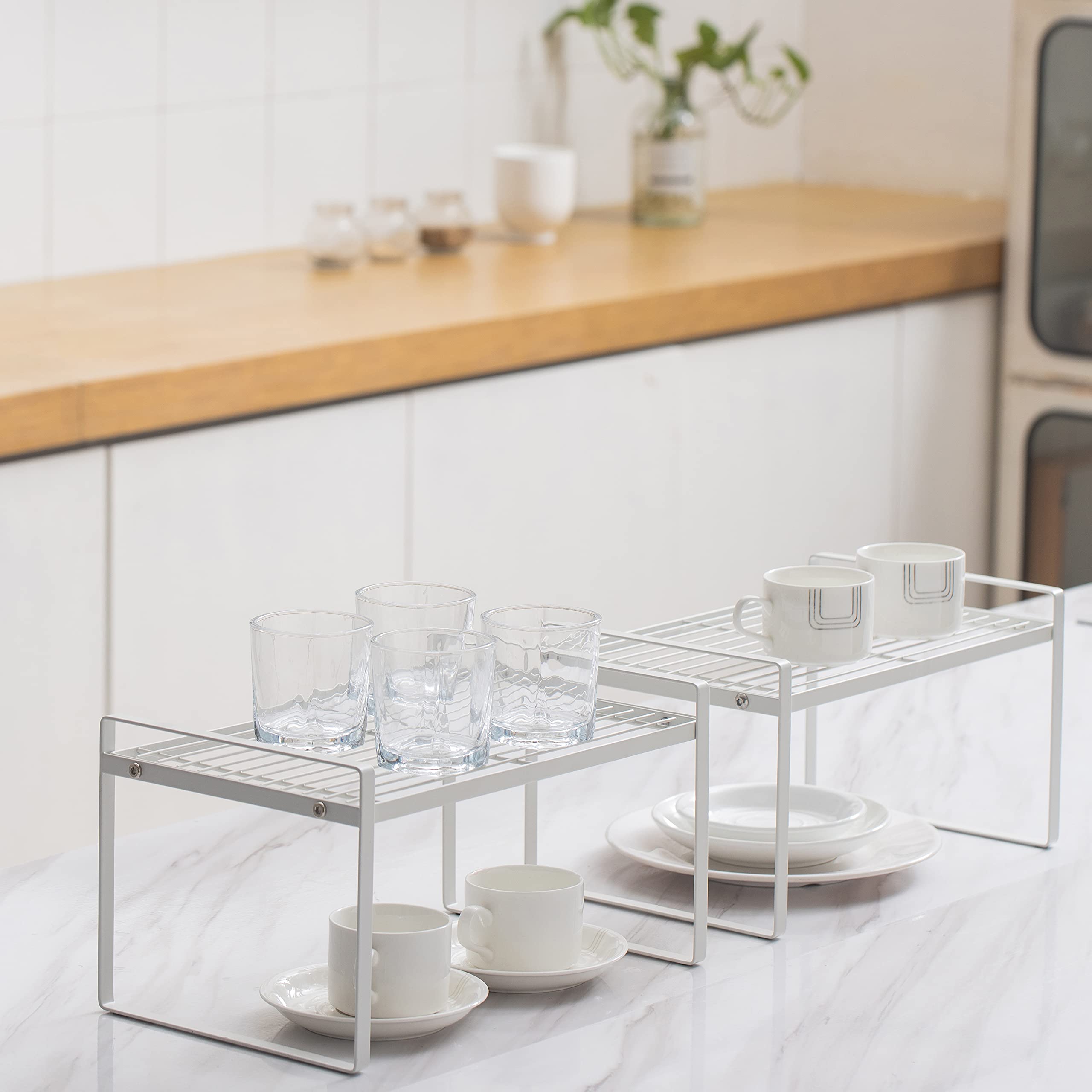 2 Pack Stackable Steel Frame Shelf Organizer - Rust Resistant & Non-Slip White Storage Rack for Kitchen Cabinet, Pantry, Bathroom, Bedroom & Office | Space Saving Counter & Desk Organizer for Home & Office Use