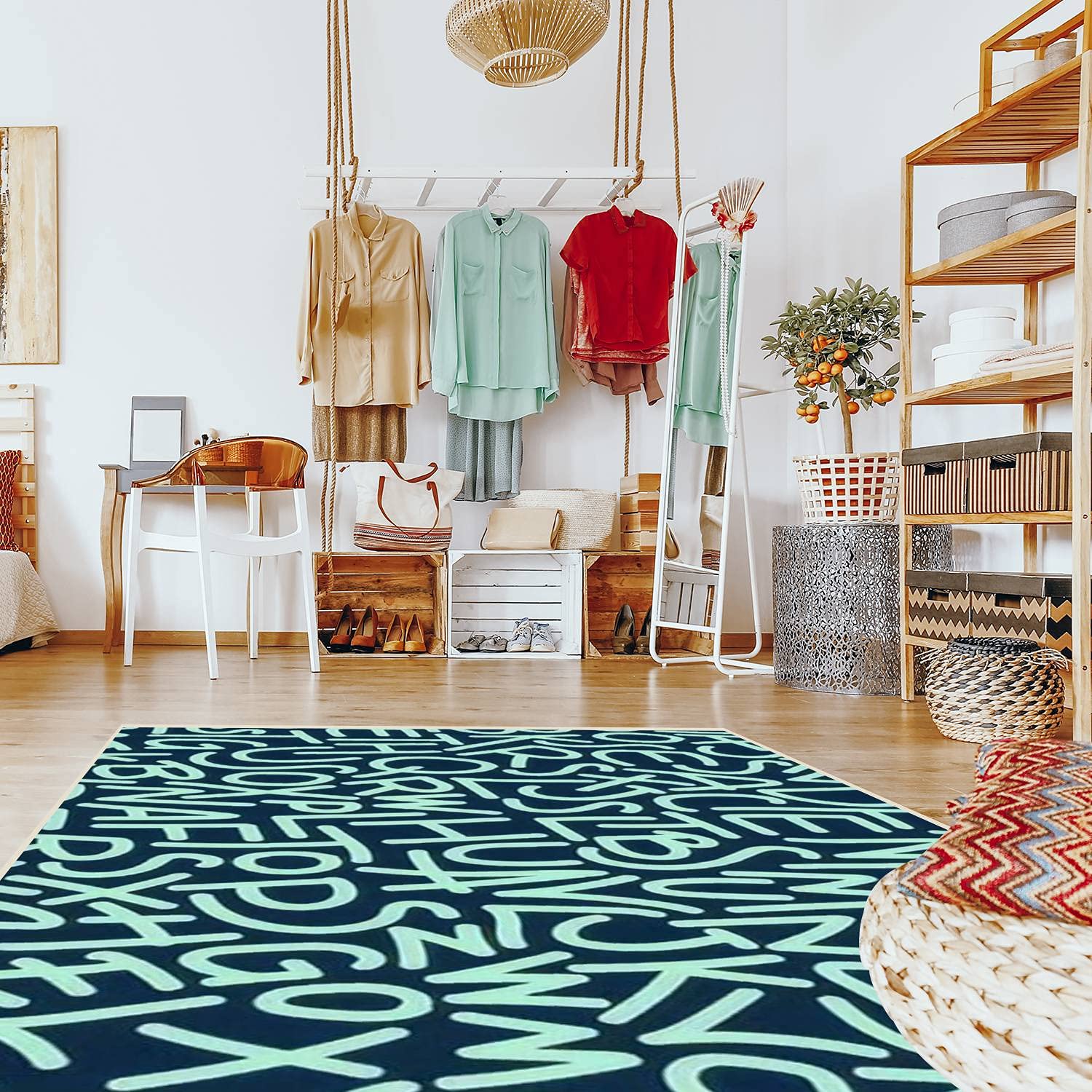 Modern Abstract Area Rugs - Stain Resistant Non-Slip Carpet for Living Room, Bedroom, Kitchen & Bathroom - Sailor Blue & Mint Alphabet Pattern Rectangular Home Decor Mat - Perfect for Cozy Spaces, Nursery Decor & High Traffic Areas