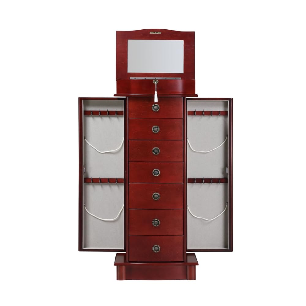 Hives & Honey Noel Standing Jewelry Armoire Cabinet - Locking Jewelry Storage Organizer with Flip Mirror, 2 Side Doors & 7 Drawers | Jewelry Chest for Necklaces, Earrings, Bracelets | Cherry Wood Finish | Perfect for Bedroom, Closet & Dressing Room Organization