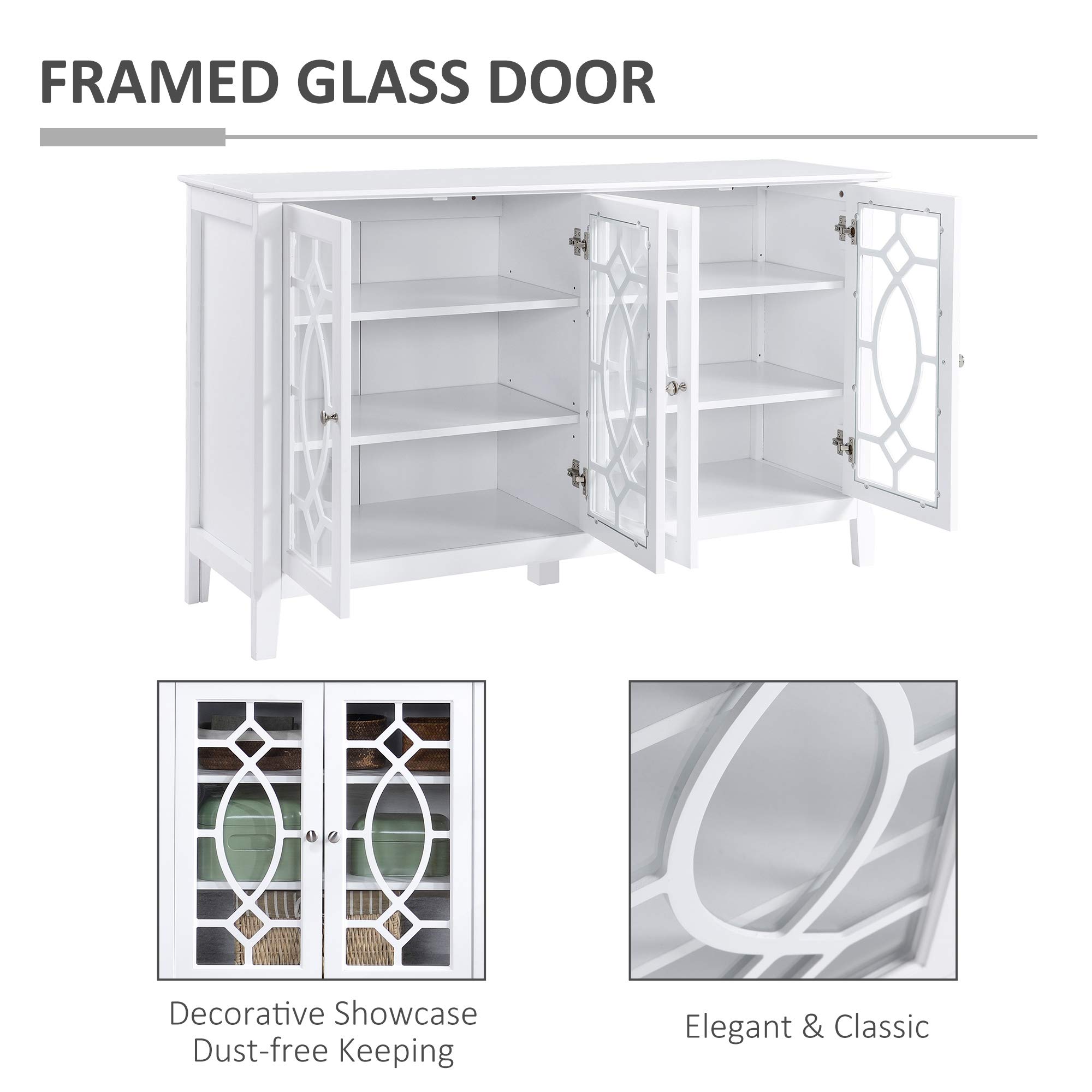 HOMCOM White Sideboard Buffet Cabinet with Glass Doors & Adjustable Shelves - Kitchen Storage Cabinet for Dining Room, Living Room & Home Decor | Perfect for Displaying China, Glassware & Home Essentials