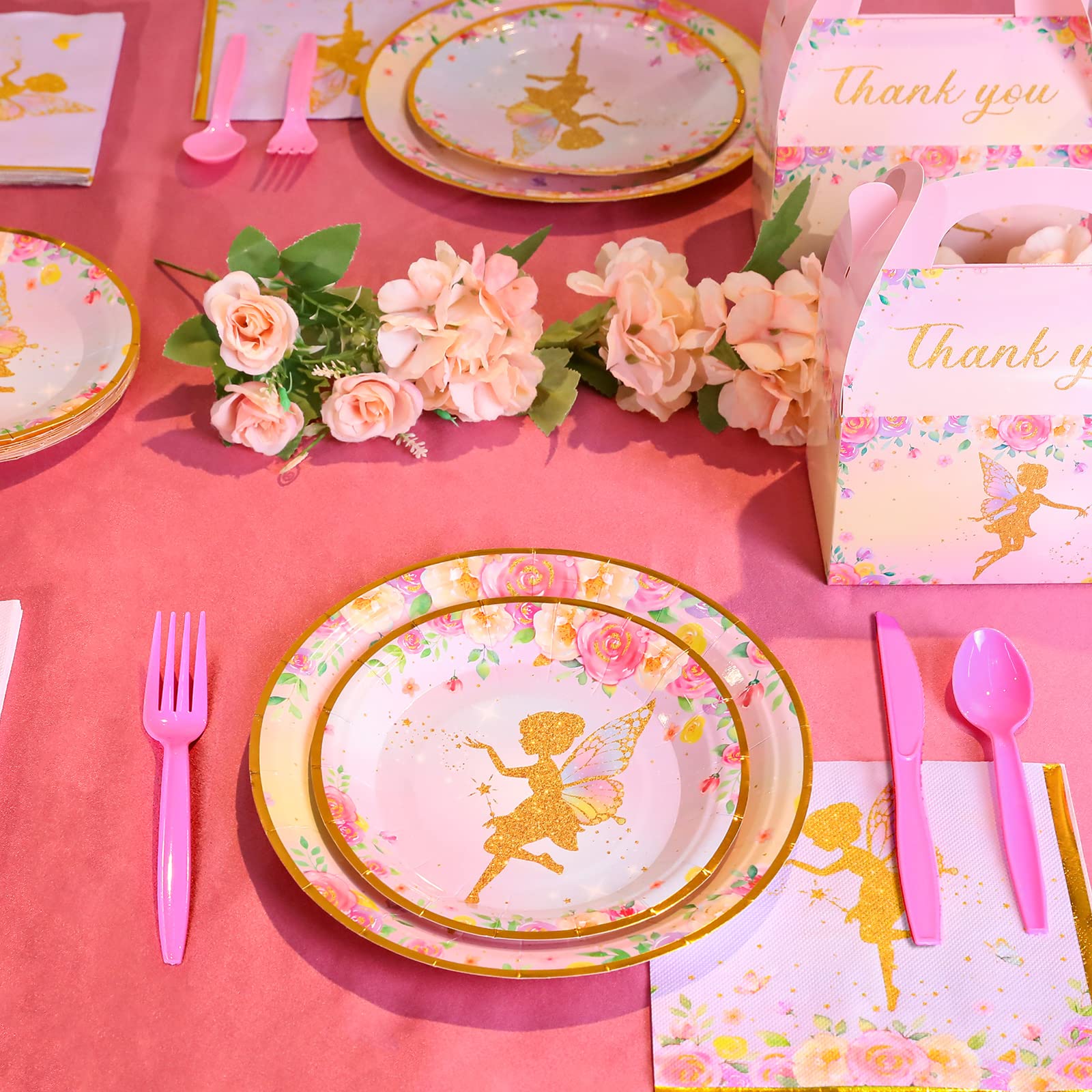 Butterfly Fairy Party Plates & Napkins Set for 24 Guests - 168 Pc Birthday Baby Shower Decorations with Cups, Cutlery (Forks, Knives, Spoons) - Perfect for Girls' Fairy Theme Parties & Special Celebrations
