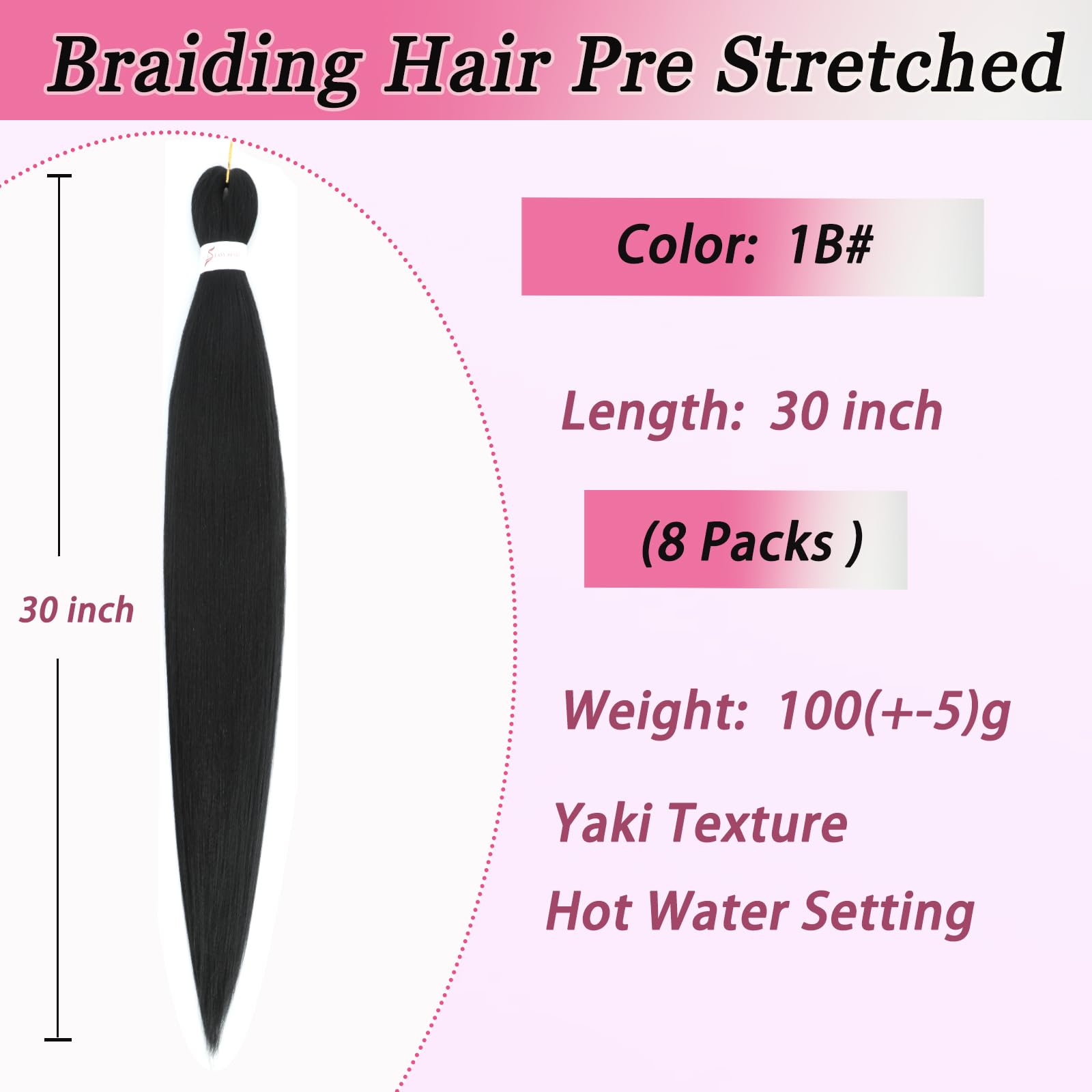 Pre-Stretched Ombre Braiding Hair for Crochet & Twist Braids - 30 Inch (8 Packs) 1B Color - Soft & Tangle-Free Synthetic Hair for Black Women - Perfect for Protective Styles, Box Braids & Salon Use