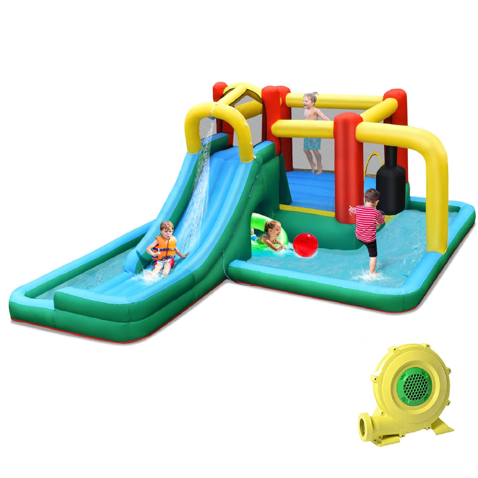 **HONEY JOY 6-in-1 Inflatable Water Slide Park with Splash Pool & Pendulum - Giant Bounce House for Kids & Adults - Outdoor Blow Up Water Slides with 735W Blower - Perfect for Backyard Parties, Summer Fun, and Family Gatherings**