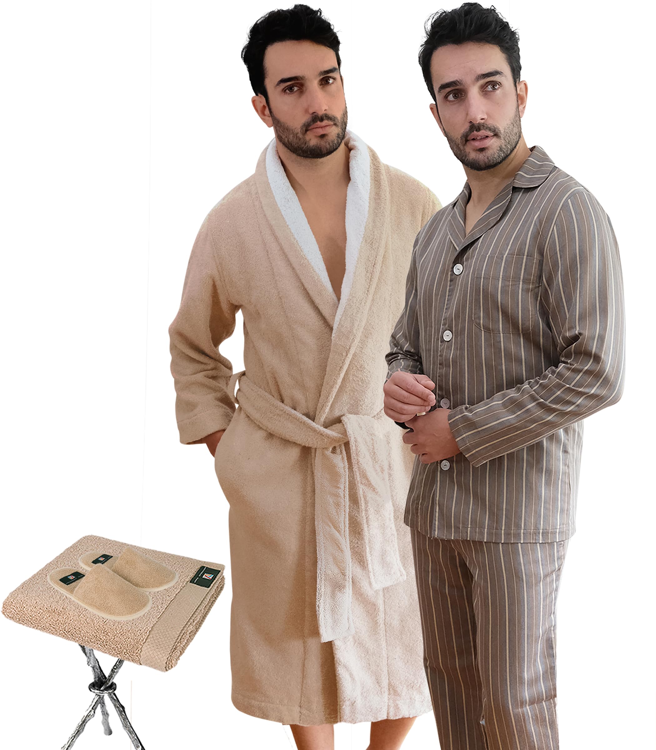 Premium Men's European Striped-Weave Pajama Set with Robe, Slippers & Hand Towel - 5-Piece Luxury Sleepwear for Relaxation at Home, Spa Days & Cozy Evenings