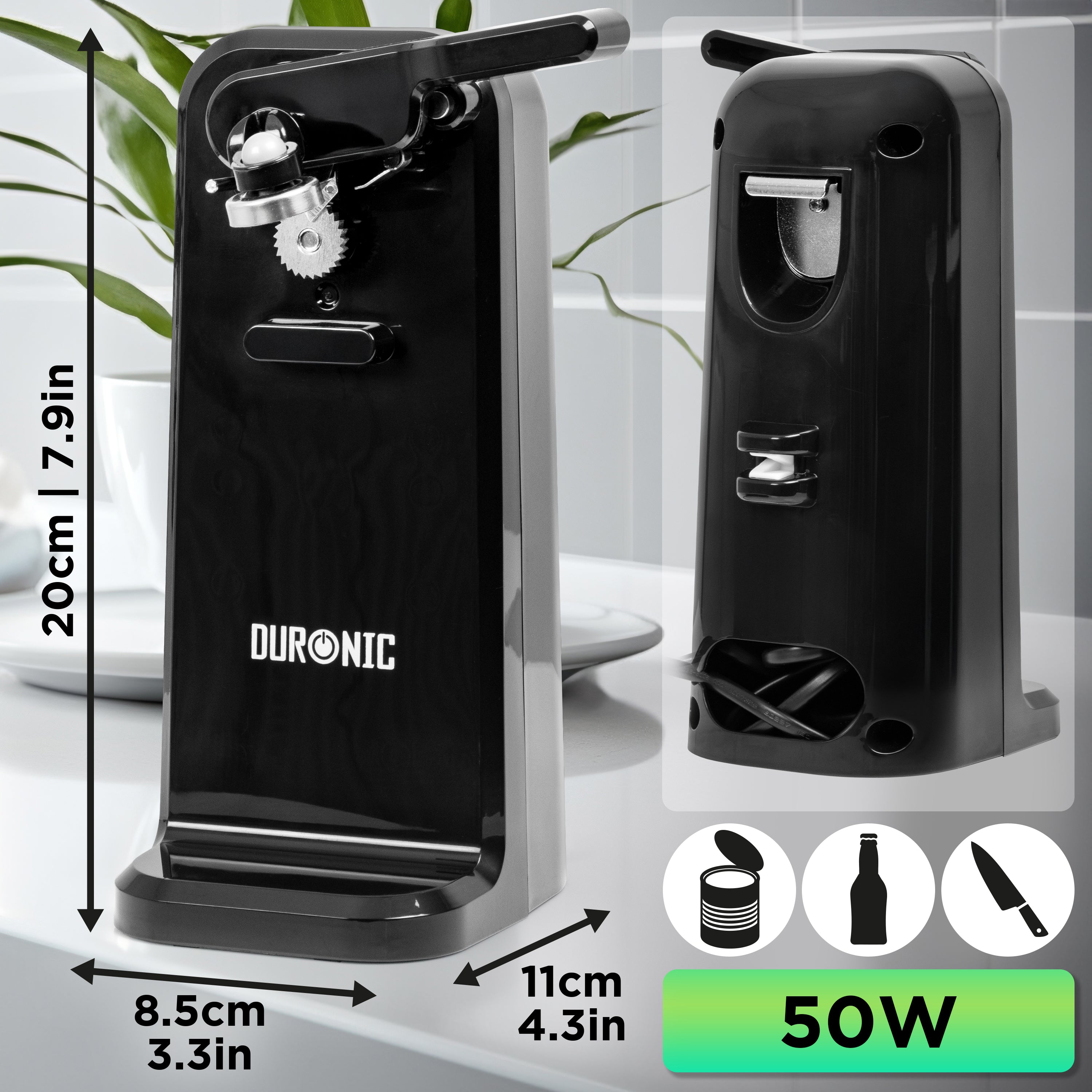**Duronic CO40 Automatic Electric Can Opener – 50W One-Touch Operation with Built-in Knife Sharpener & Bottle Opener – Magnetic & Easy Grip for Seniors & Arthritis – Perfect for Kitchen, Camping & Emergency Use**