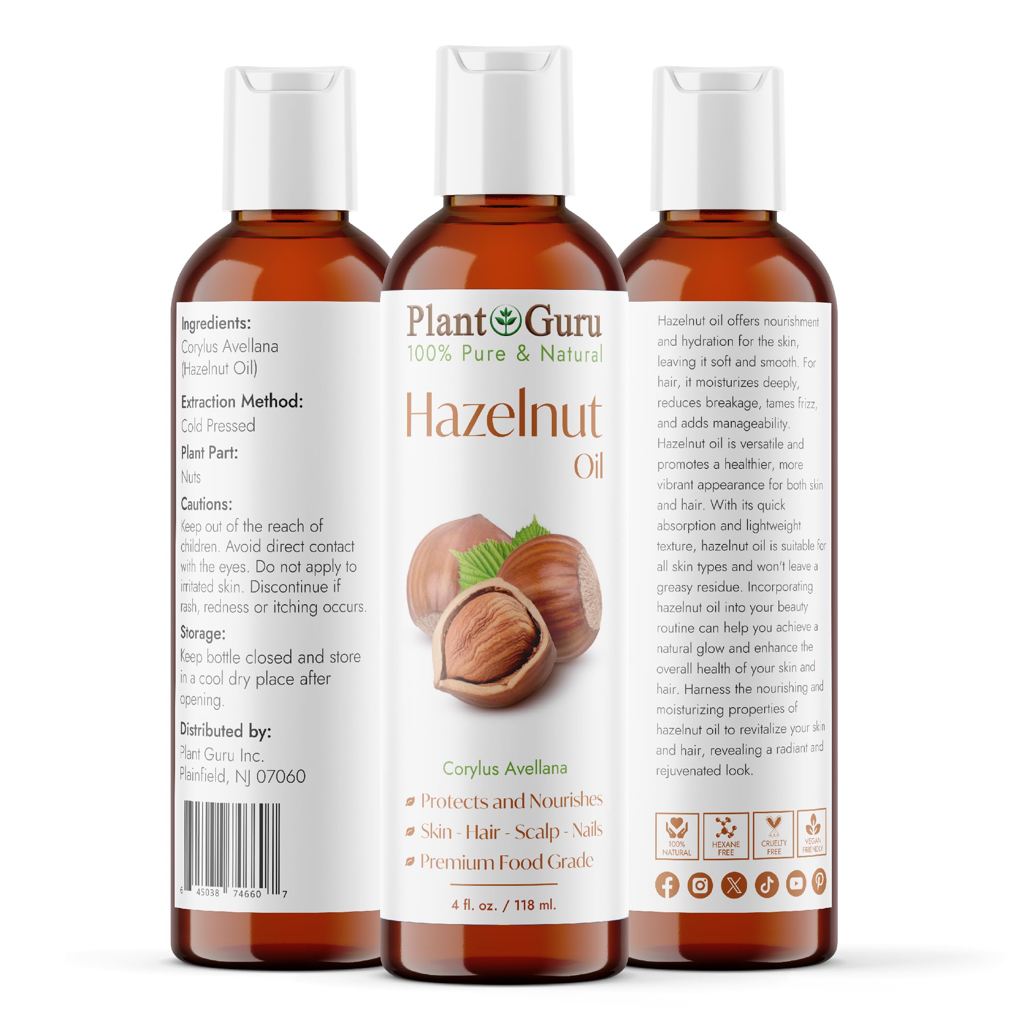 100% Pure Cold Pressed Hazelnut Oil - 4 fl oz Natural Carrier Oil for Skin, Face, Body & Hair Growth | DIY Moisturizer for Creams, Lotions & Lip Balms | Perfect for Aromatherapy, Massage & Natural Beauty Routines