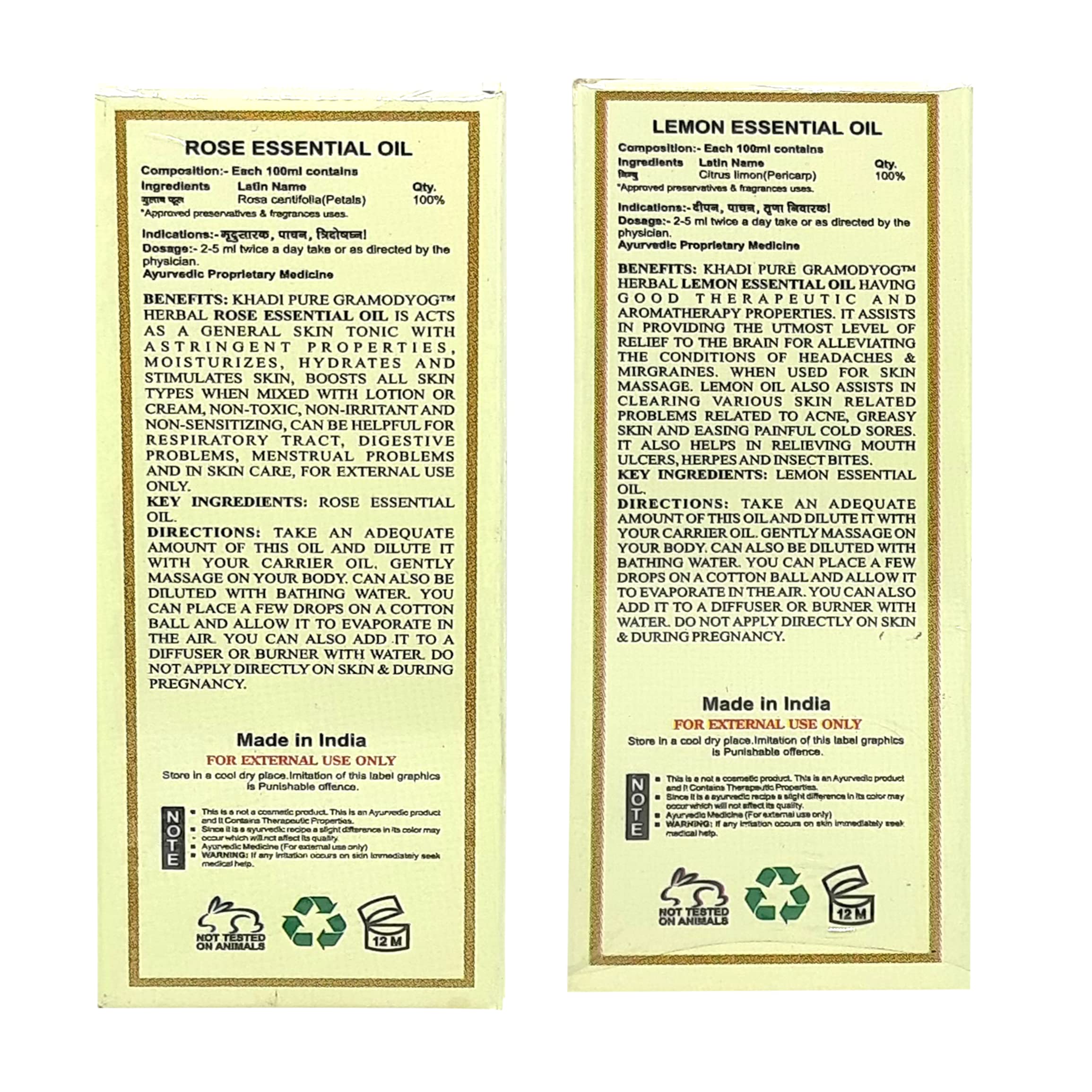 Khadi Pure Rose & Lemon Essential Oil - 15ml (Pack of 2) for Aromatherapy, Massage & Skin Care | Natural Fragrance Oil for Diffusers, Bath & Relaxation
