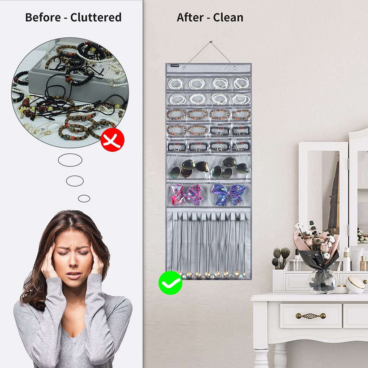 Over The Door Hanging Jewelry Organizer - Wall Mounted Earring Holder with 24 Clear Pockets & 8 Hook Loops for Necklace, Bracelet, Ring Storage - Perfect for Bedroom, Closet & Travel Organization (Grey)