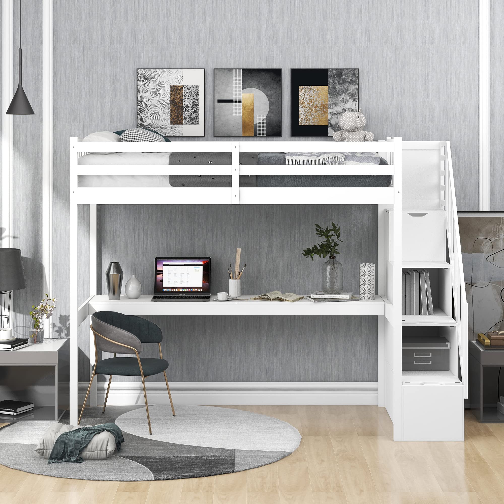 Merax Twin Size Loft Bed with Staircase, Built-in Desk & Safety Guardrails - No Box Spring Needed, White - Perfect for Kids Bedrooms, Small Spaces & Dorm Rooms