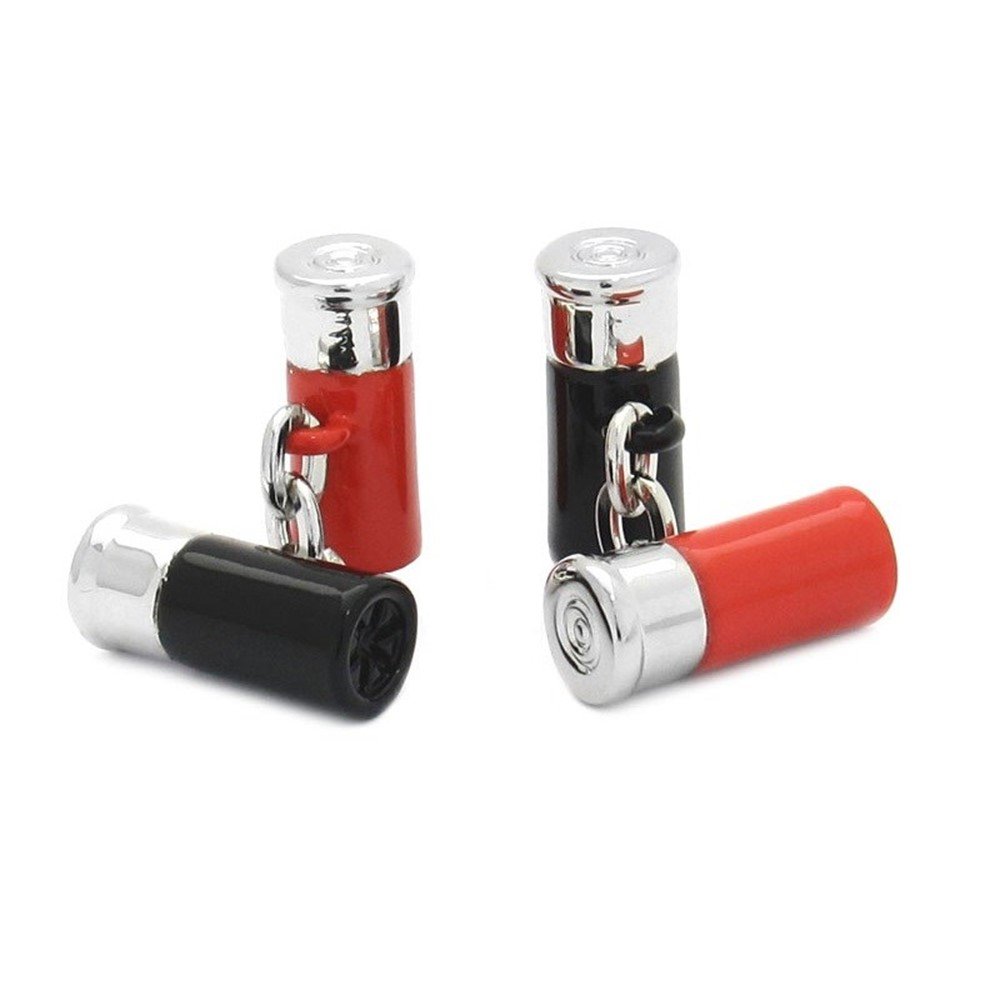 Shotgun Cartridge Cufflinks - Chain Link Design in Black & Red - Unique Gun Rifle Enthusiast Gift Set with Box & Cleaner - Perfect for Weddings, Hunting Events & Military-Themed Parties
