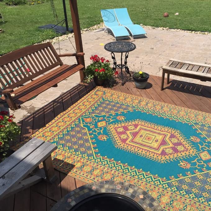 Mad Mats Traditional Reversible Outdoor Rug 5' x 8' - Durable Plastic Mat for Patio, Porch, Poolside, Deck & RV | Waterproof & Easy-Clean | Oriental Turkish Design in Aqua Blue | Perfect for Camping, Mudroom & Outdoor Entertaining