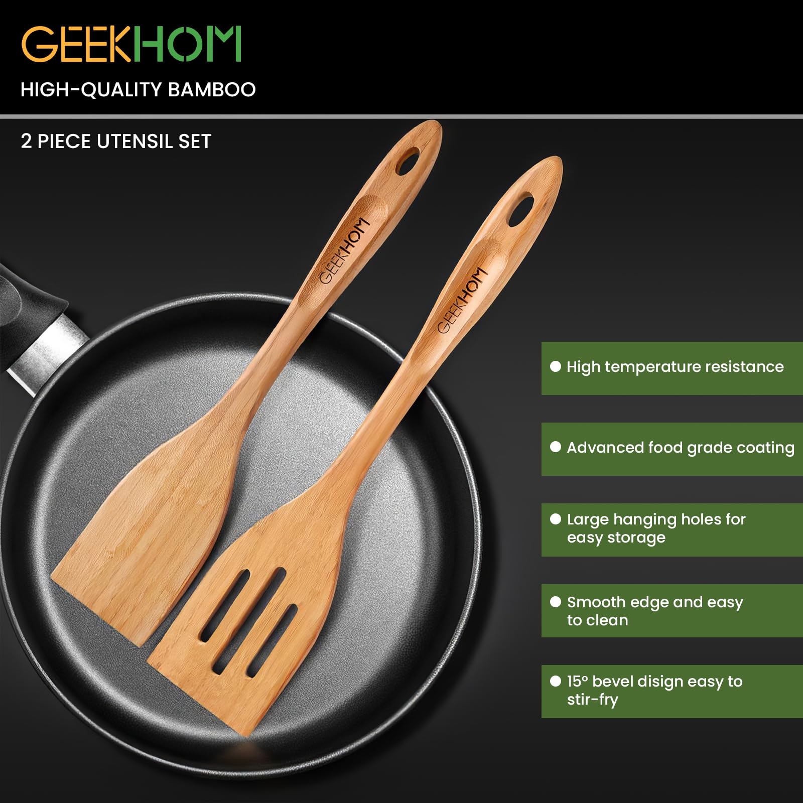 GEEKHOM 2-Pack 13 Inch Bamboo Spatulas for Nonstick Cookware - Wooden Kitchen Utensils for Cooking, Flipping Pancakes, Fish & Eggs - Eco-Friendly Slotted Wok Turner - Perfect for Sauteing, Stir-Frying & Serving Healthy Meals
