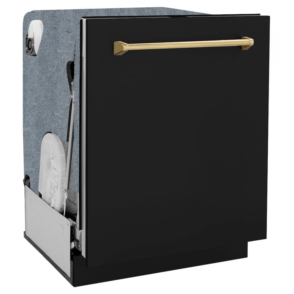 ZLINE Autograph Edition 24-inch Black Matte Dishwasher with Polished Gold Handle - Ultra Quiet 45dBa, 3rd Rack & Top Touch Controls - Perfect for Modern Kitchens, Open Concept Homes & Luxury Apartments