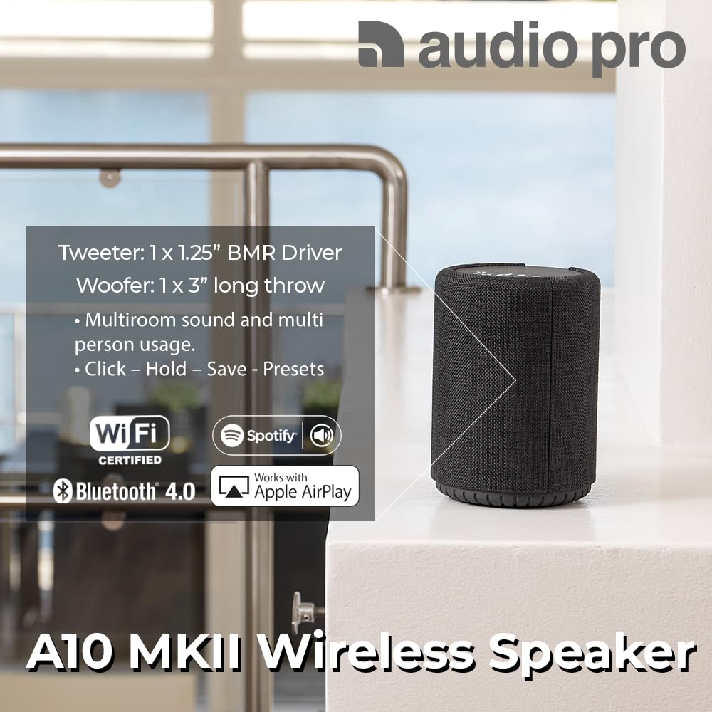 Audio Pro A10 MKII Wireless Bluetooth Speaker - Hi-Fi Sound with WiFi & 3.5mm Input for iPhone, Android, PC - Perfect for Home, Office & Outdoor Use - Dark Grey