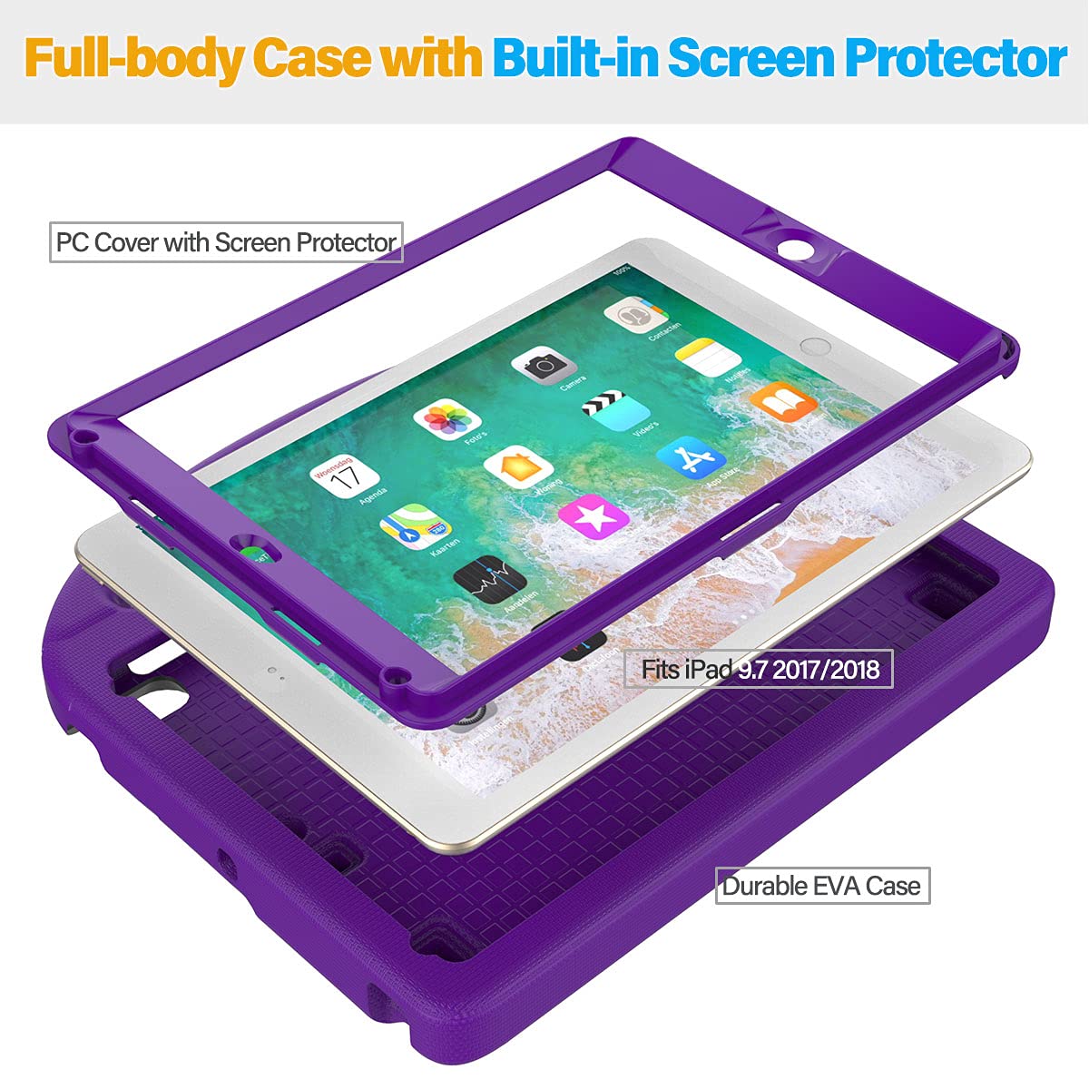 SUPLIK Kids Protective Case for iPad 5th/6th Generation (9.7 inch 2017/2018), iPad Air 1/2 & iPad Pro 9.7 - Shockproof Lightweight Cover with Built-in Handle Stand & Screen Protector - Purple - Perfect for School, Travel & Home Use