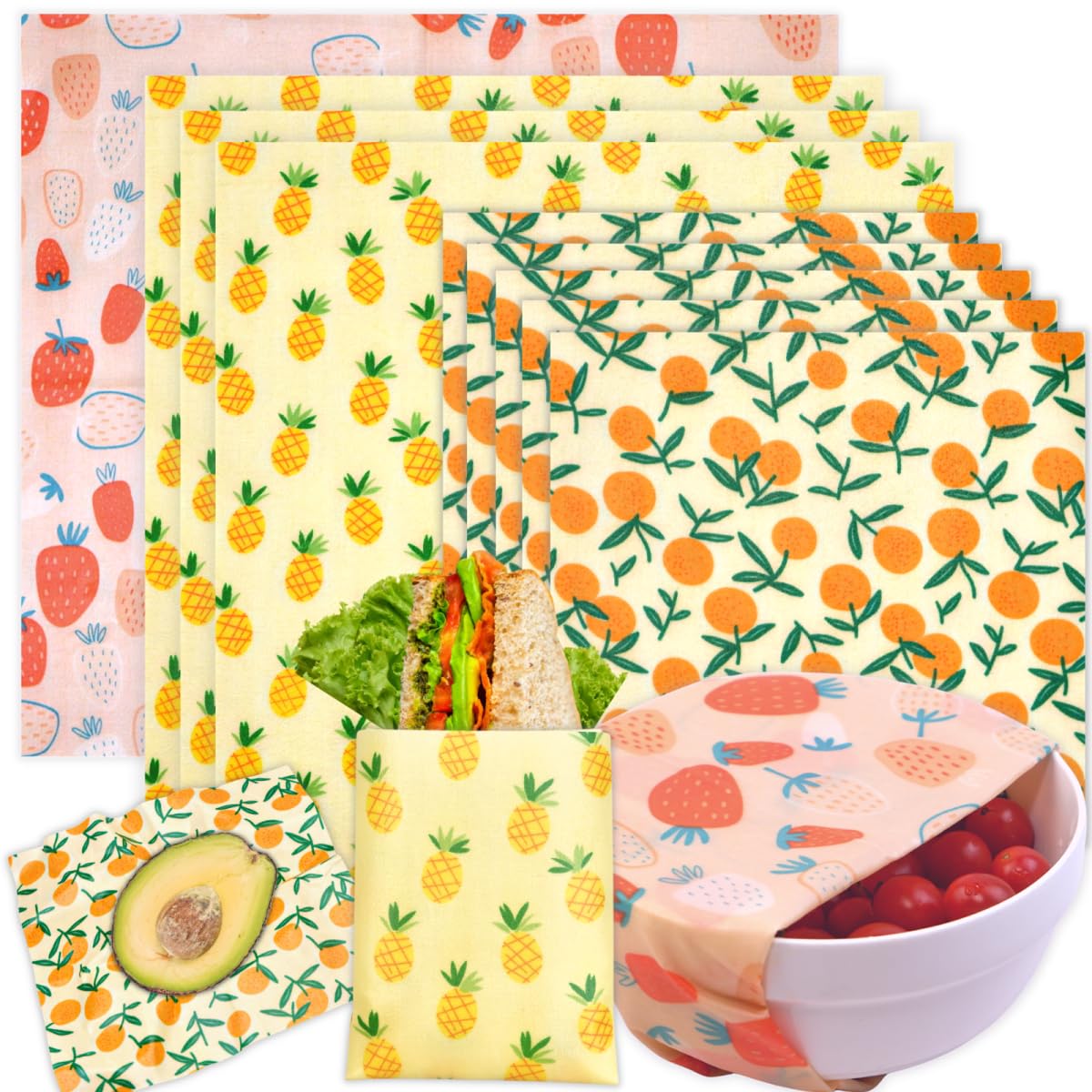 **Eco-Friendly Reusable Beeswax Food Wraps - 9 Pack Organic Beeswax Wraps for Bread, Sandwich & Food Storage | Sustainable, Plastic-Free, Zero Waste (1XL, 3M, 5S) | Perfect for Picnics, Lunchboxes & Fresh Food Preservation**
