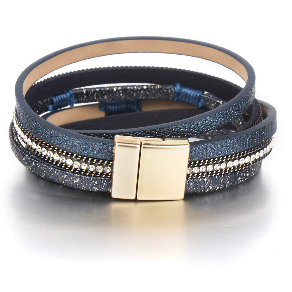 Boho Leather Double Wrap Cuff Bracelet with Crystal Beads & Magnetic Clasp - Shiny Stackable Jewelry Gift for Women | Perfect for Festivals, Boho Chic Outfits & Layered Arm Candy