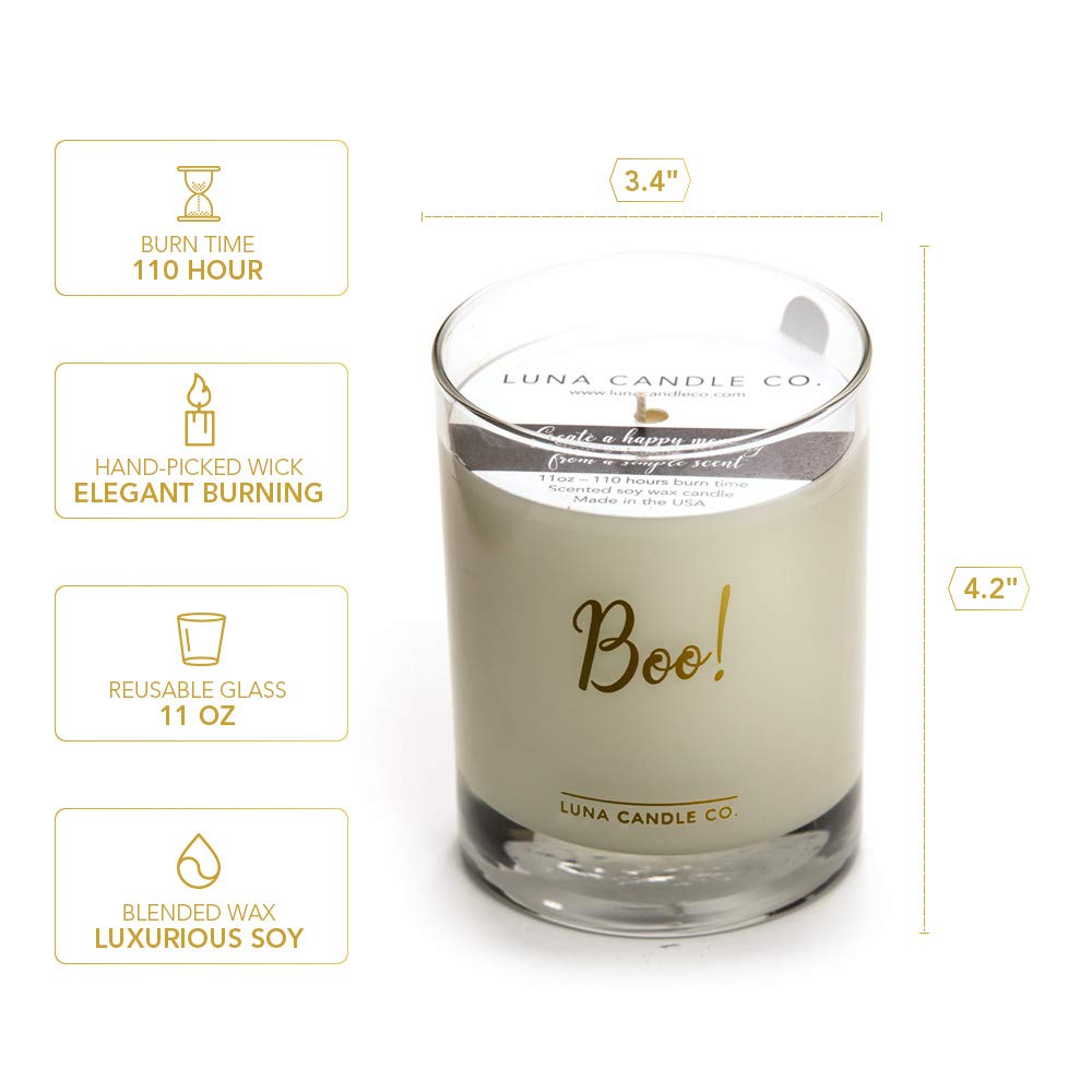 Halloween Decor Boo! Gold Script Scented Candle - 11oz Toasted Smores Aroma, Natural Soy Wax, Clean Burning for Home, Spa & Aromatherapy | Perfect for Fall Decor, Cozy Evenings & Gift Giving - Lune Candle Co.