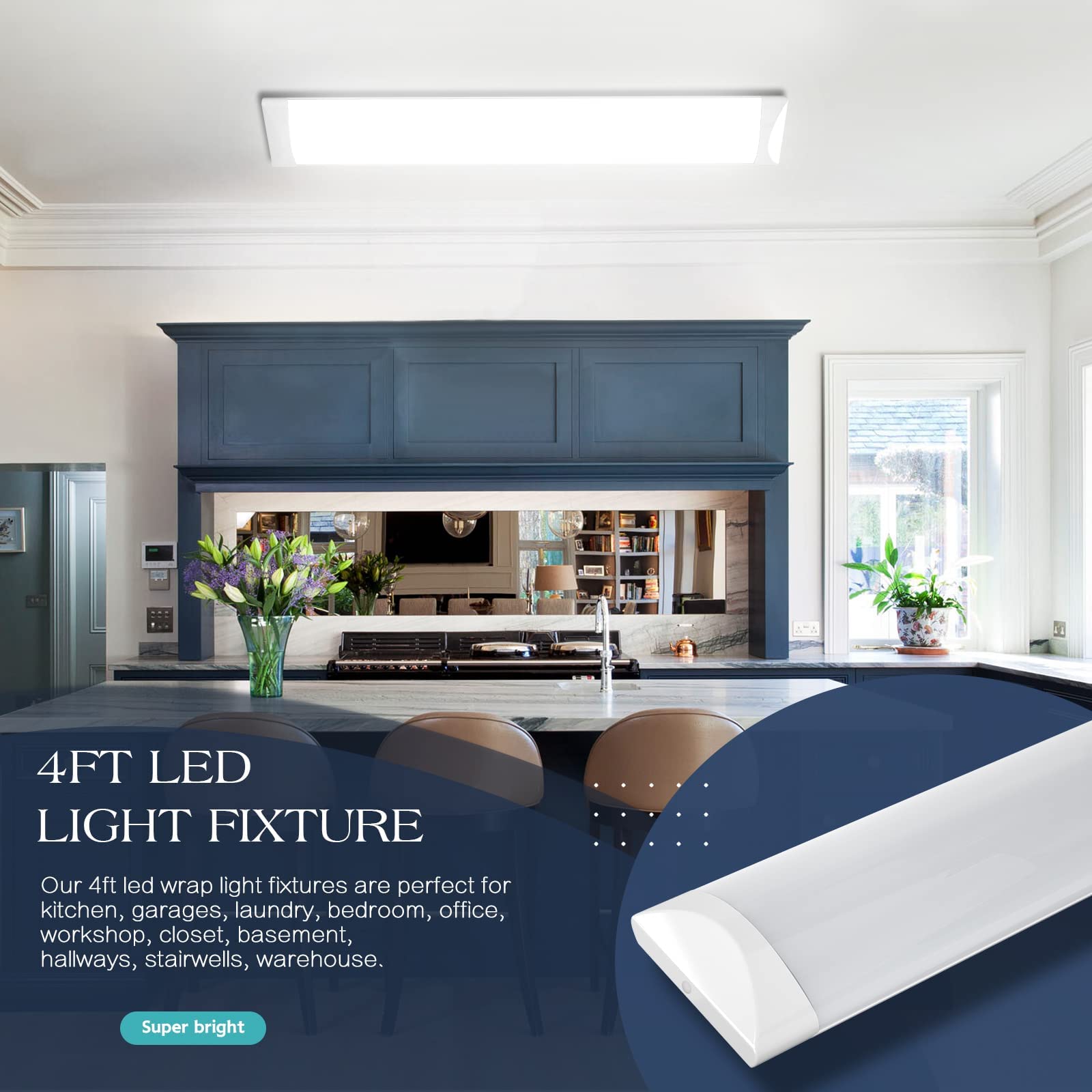 ANTLUX 4FT LED Wraparound Flush Mount Ceiling Light, 50W 5500LM Dimmable with 3 Color Temperatures, 48 Inch Energy Efficient LED Fixture for Kitchen, Laundry Room, Office, Garage and Basement Lighting - White