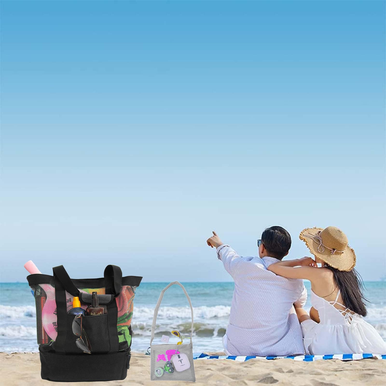 Multifunctional Mesh Beach Bag with Built-in Cooler - Large Outdoor Beach Tote with Small Pouch for Women - Perfect for Pool Parties, Picnics, and Summer Travel