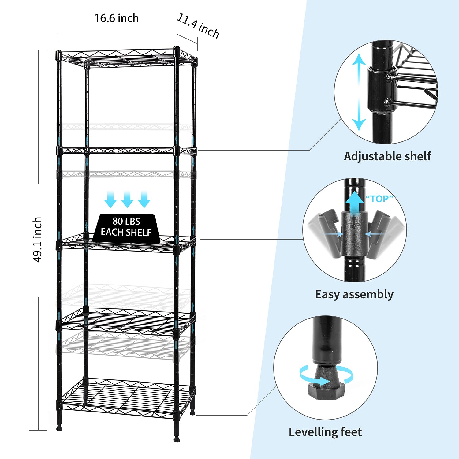 5-Tier Adjustable Metal Wire Shelving Unit - Heavy Duty Storage Rack for Laundry Room, Bathroom, Kitchen, Pantry & Closet Organization (Black, 16.6