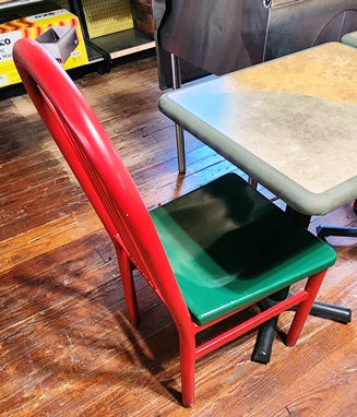 Vintage Red Metal Frame Dining Chairs with Green Cushion Seats - HD Quality Used Chairs for Kitchen, Dining Room & Restaurant Decor (NRE #008803)