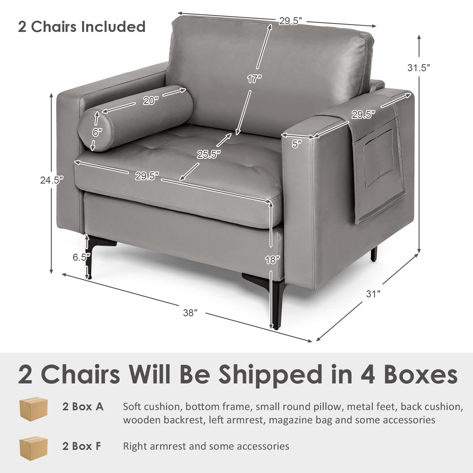 Giantex Set of 2 Single Sofa Chairs with Cushion & Bolster, Upholstered Armchairs with Magazine Pockets - Dark Grey Living Room Furniture for Bedroom, Reception & Leisure Spaces