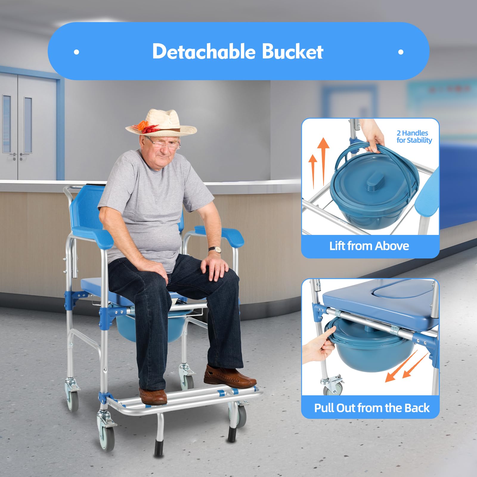 Portable Aluminum Wheelchair Shower Commode Chair with Casters - Lightweight Medical Mobility Aid for Elderly & Disabled - Ideal for Bathroom Safety, Home Care & Assisted Living Facilities