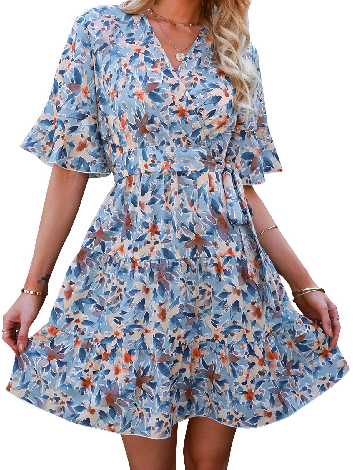 ANRABESS Women's Floral Print Ruffle Mini Dress - Bell Sleeve, Elastic Waist A-Line Swing Dress for Summer, Beach, Party & Casual Wear