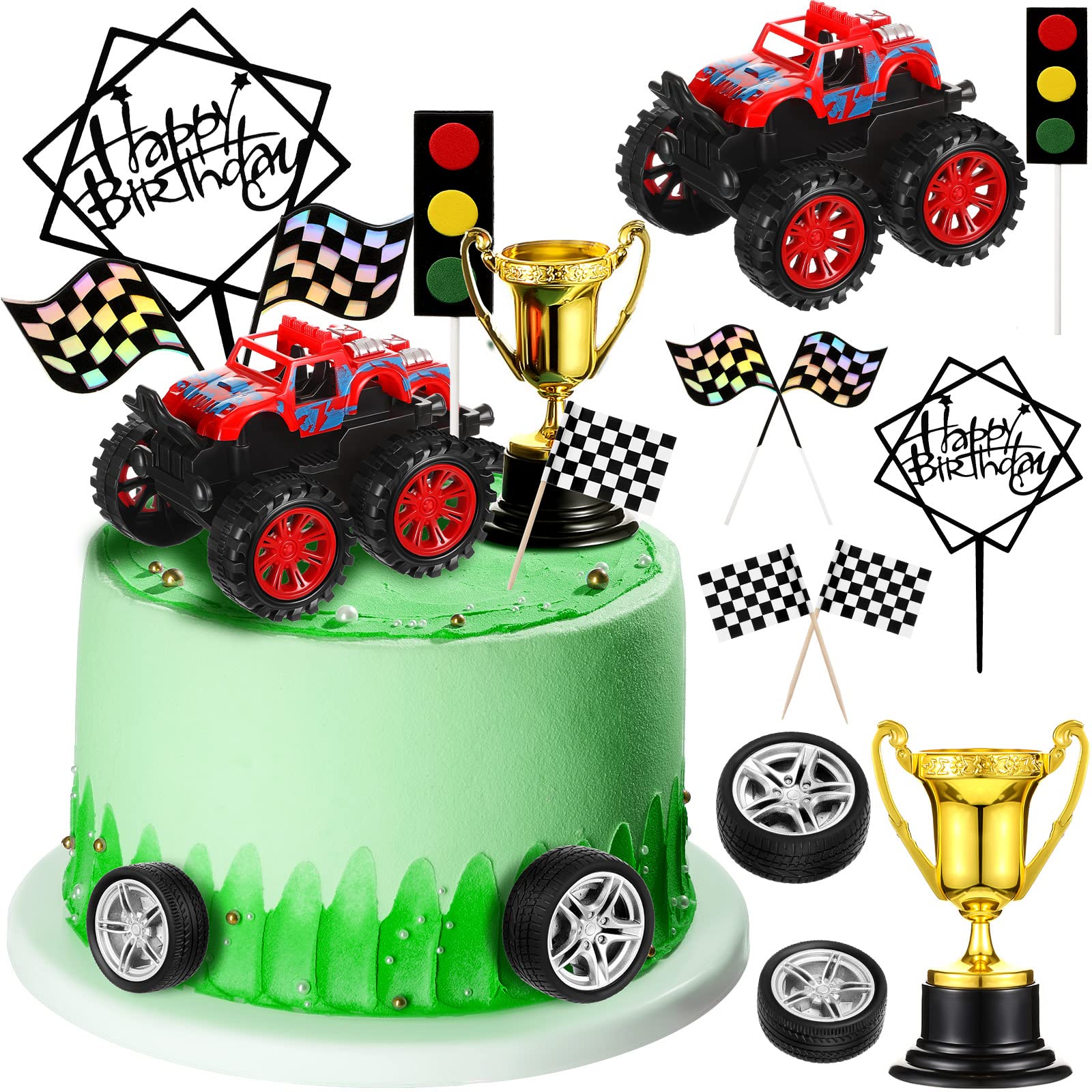 30 Pcs Monster Truck Cake Toppers - Race Car & Blaze Truck Cupcake Decorations for Kids Birthday Party, Baby Shower, Themed Cakes - Red (Perfect for Birthday Cakes, Cupcakes, Dessert Tables & Party Decorations)