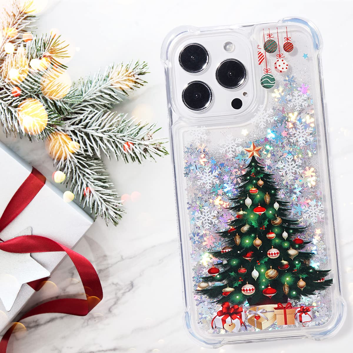 Christmas Tree Glitter Phone Case for iPhone 13 Pro Max - Clear Soft TPU Rubber Bumper, Holiday Cute Girly Women's Protective Cover | Perfect for Christmas Parties, Gift Giving & Festive Celebrations
