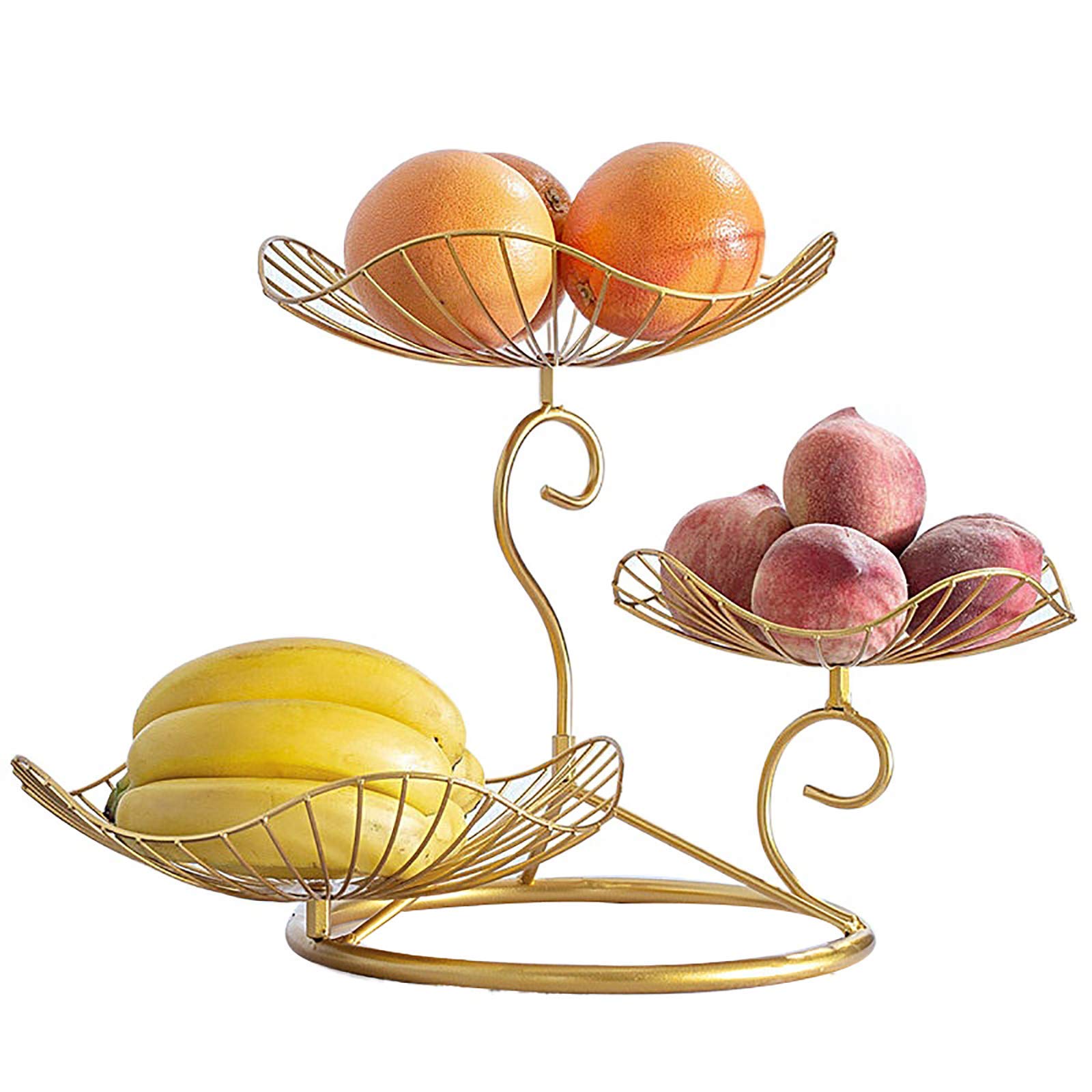 Modern Golden Wire Fruit Basket Stand - 3-Tier Decorative Serving Tray for Fruits, Desserts & Party Buffets (46x31cm/18x12in) - Perfect for Kitchen Counter Organization, Wedding Receptions & Home Decor