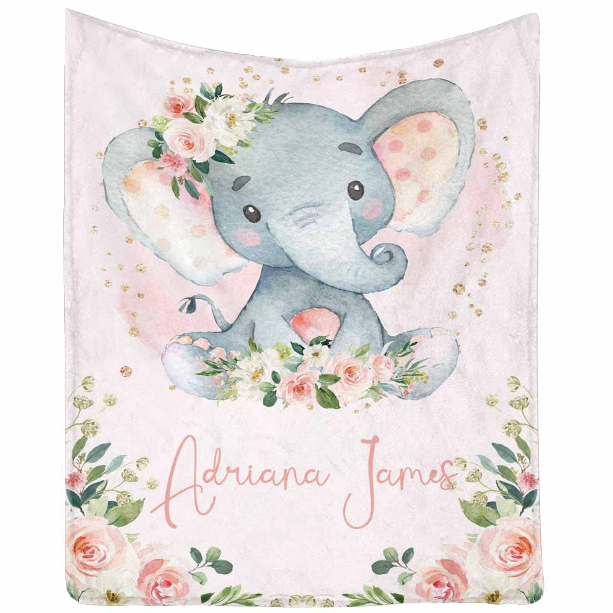 Personalized Elephant Throw Blanket with Pink Flowers - Custom Gift for Granddaughter & Grandson | Small Size Cozy Blanket for Kids, Nursery Decor & Family Gifts