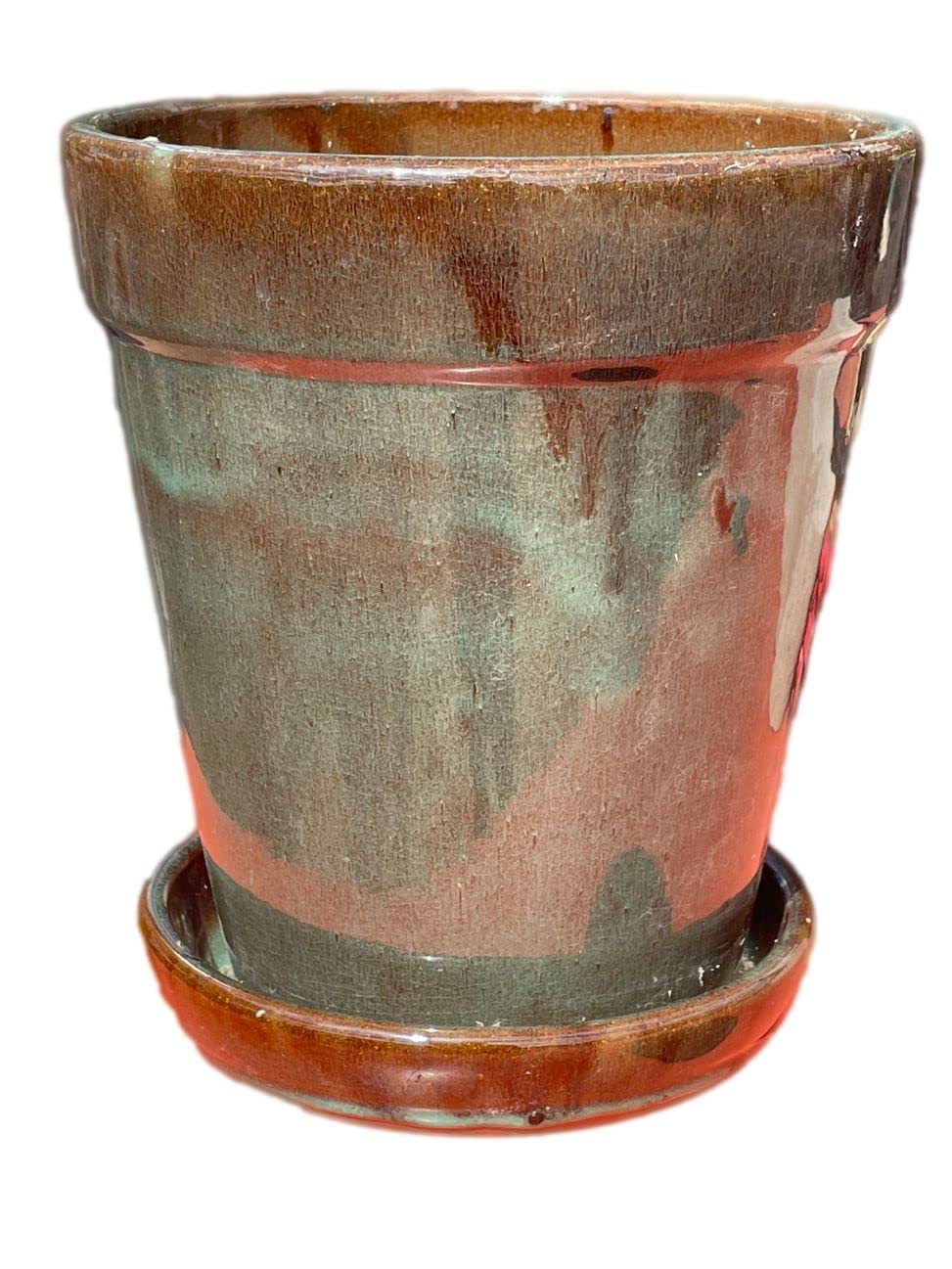 10,000 Wide Rim Ceramic Planter with Saucer - 12'' x 12'' x 13'' Indoor/Outdoor Flower Pot with Drainage Tray - Rain Green Color for Home Garden, Patio, Balcony Decor