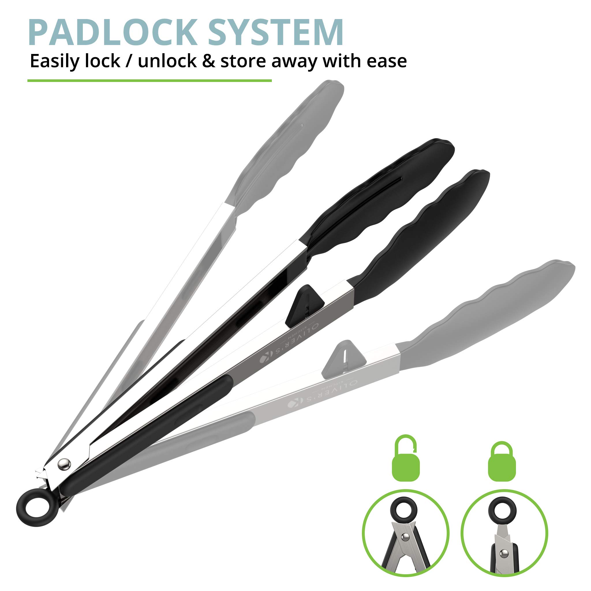 Oliver's Kitchen Silicone Tongs - Stainless Steel BBQ & Cooking Tongs for Easy Grip - Perfect for Grilling & Serving