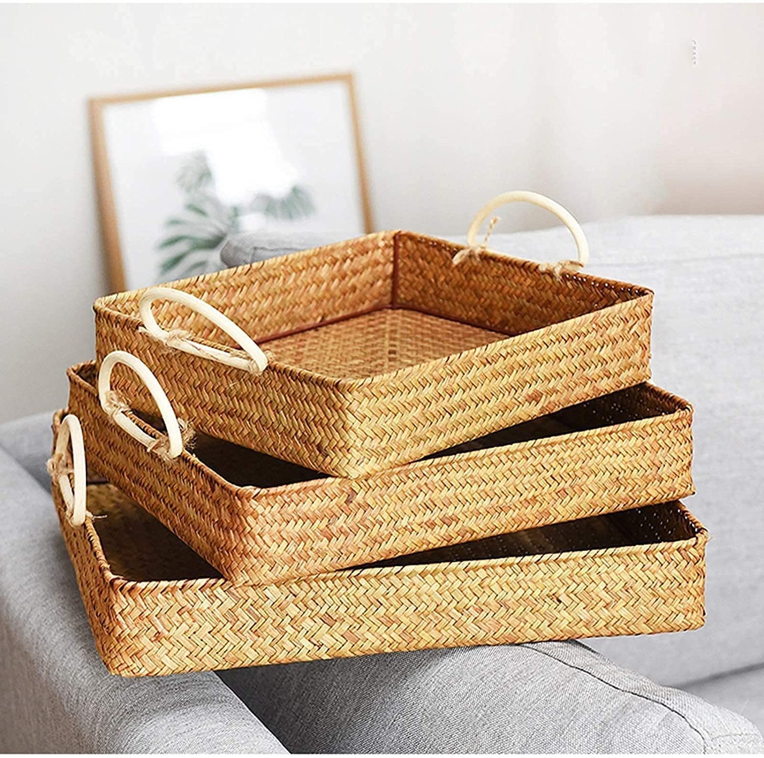 Hand-Woven Rattan Fruit Tray & Storage Basket - Multifunctional Desktop Organizer for Fruits, Magazines, Cups, Tea Sets | Perfect for Kitchen, Living Room, Office & Dining Table Decor
