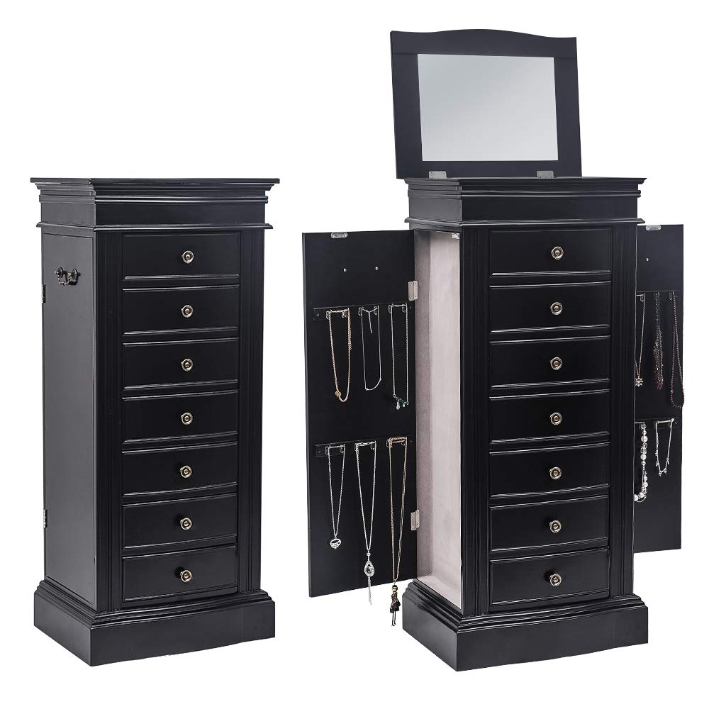 Premium Wooden Jewelry Armoire with 8 Drawers & Full-Length Mirror - Free Standing Jewelry Storage Cabinet Organizer for Necklaces, Bracelets, Earrings, Watches & Cosmetics - Perfect for Bedroom, Closet or Dressing Room Organization